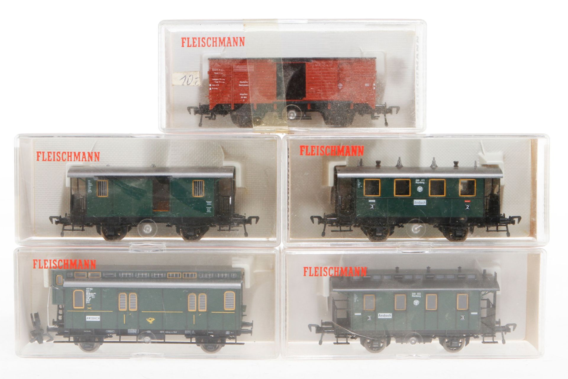 5 Fleischmann Wagen 5050, 5051, 5052, 5055 und 5350, S H0, je im OK, Z 1-2