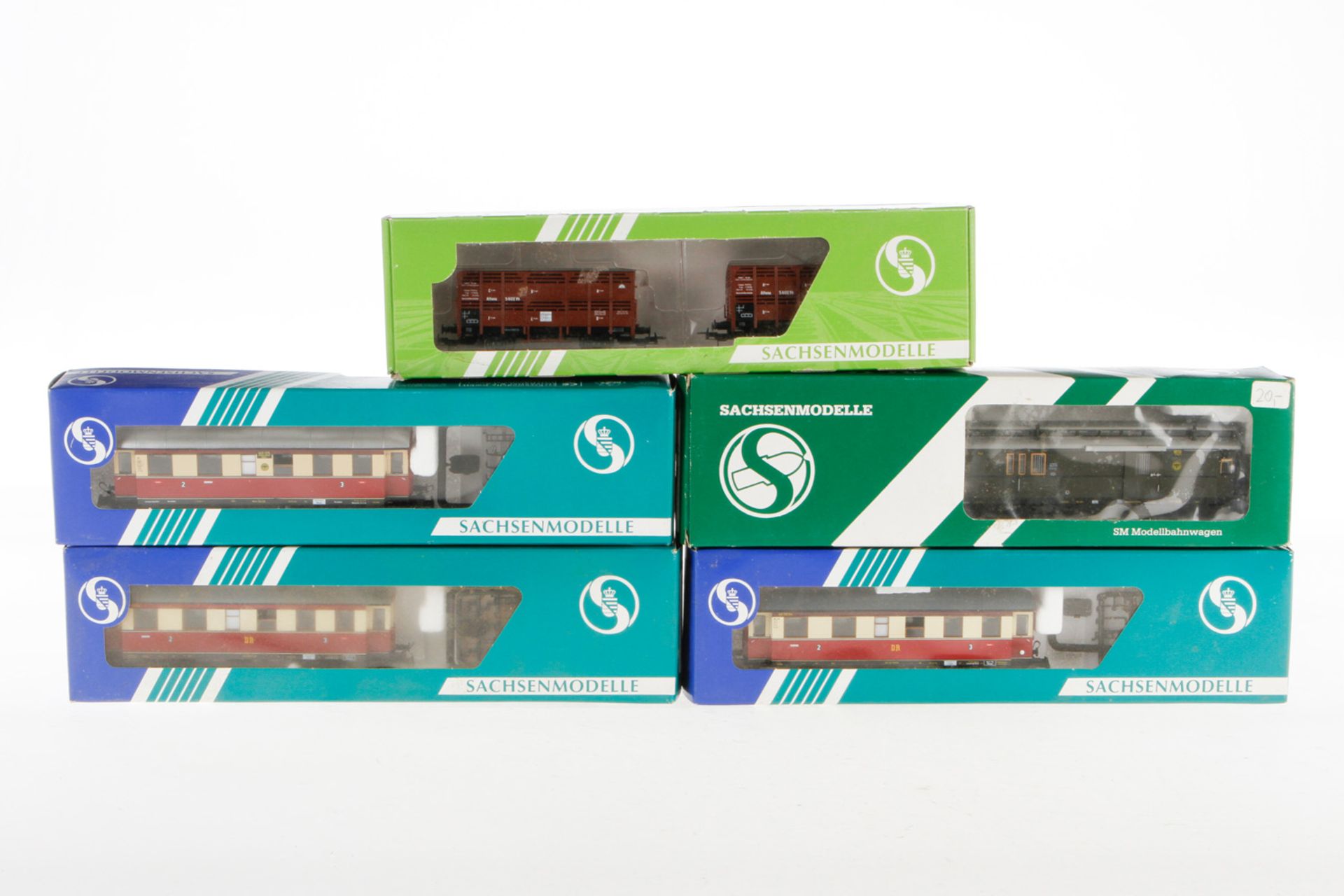 5 Sachsenmodelle Wagen 14220, 14608, 14609, 16126 und 74609, S H0, je im OK, Z 1-2