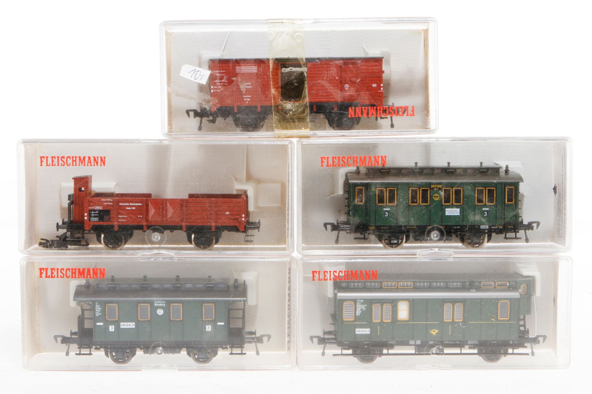 5 Fleischmann Wagen 5050, 5051, 5059, 5209 und 5350, S H0, je im OK, Z 1-2