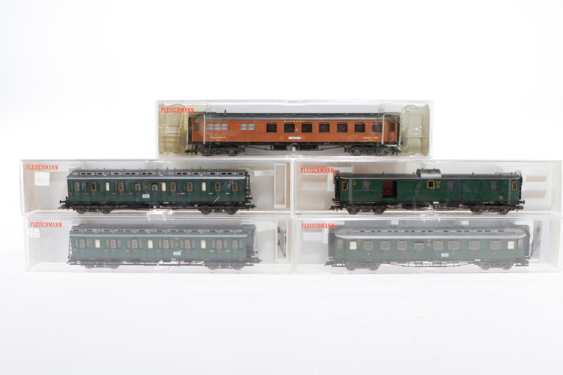 5 Fleischmann Wagen 5080, 5081, 5082, 5085 und 5087, S H0, je im OK, Z 1-2