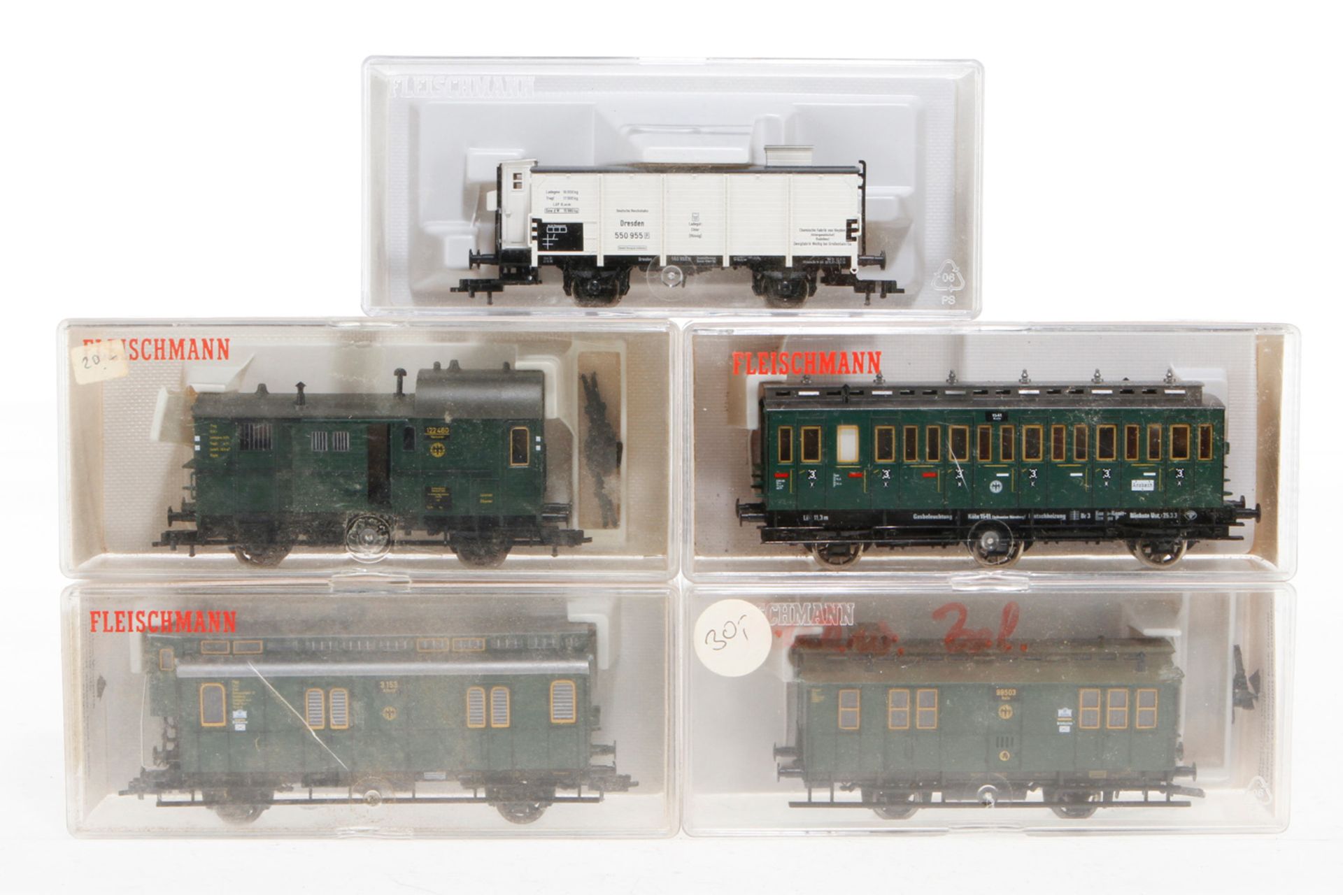 5 Fleischmann Wagen 5050, 5057, 5092, 5302 und 5449, S H0, je im OK, Z 1-2