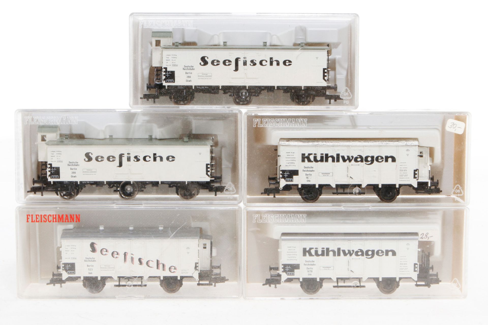 5 Fleischmann Wagen 5341, 2x 5346 und 2x 5381, S H0, je im OK, Z 1-2