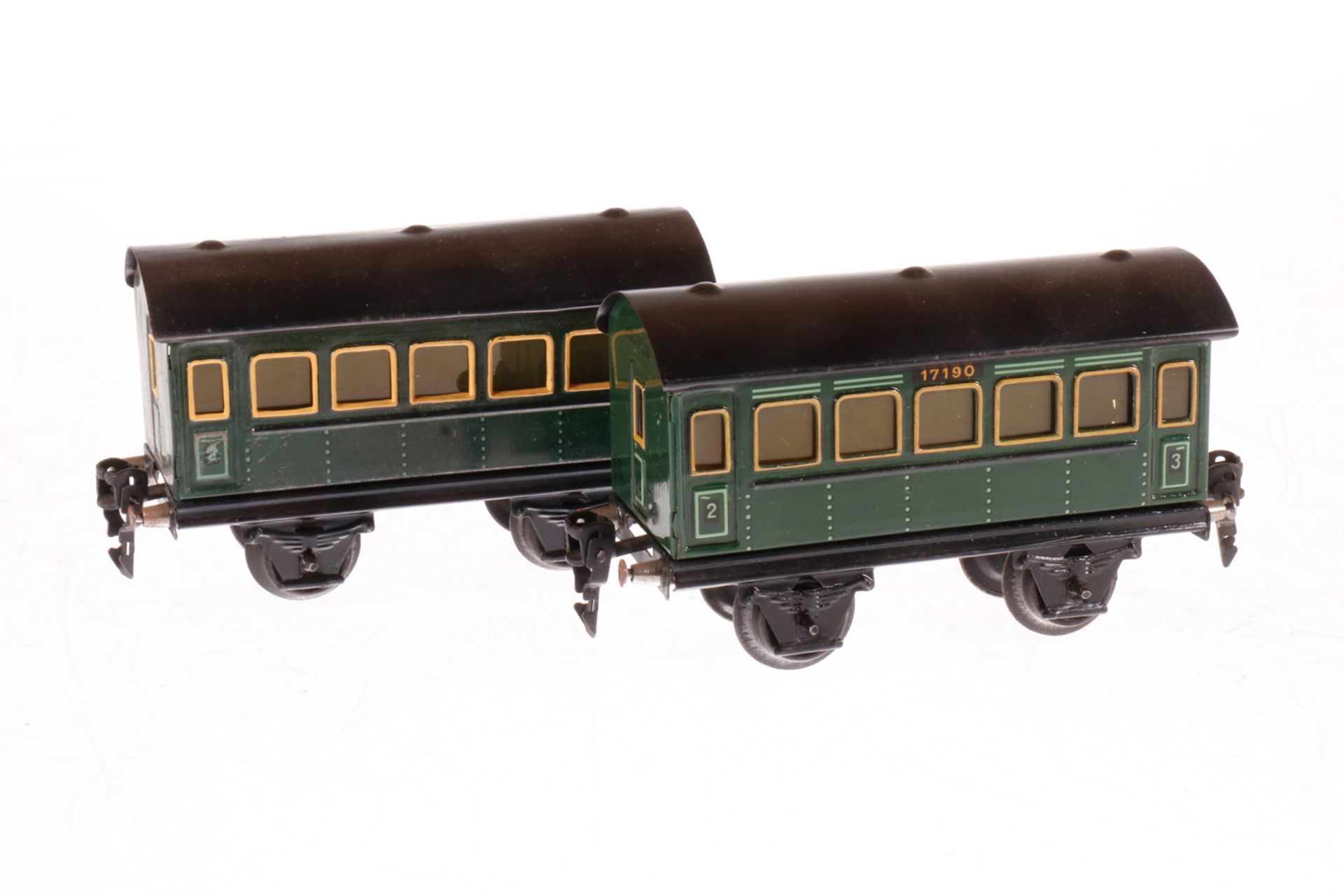 2 Märklin Personenwagen 1719, S 0, CL, Dach und tw Rahmen rest., Puffer ersetzt, L 14,5, in NB-