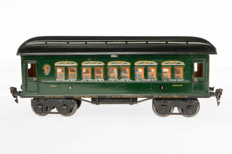 Märklin Personenwagen 1894, S 1, HL, mit Inneneinrichtung und 4 AT, LS und gealterter Lack, L 33,