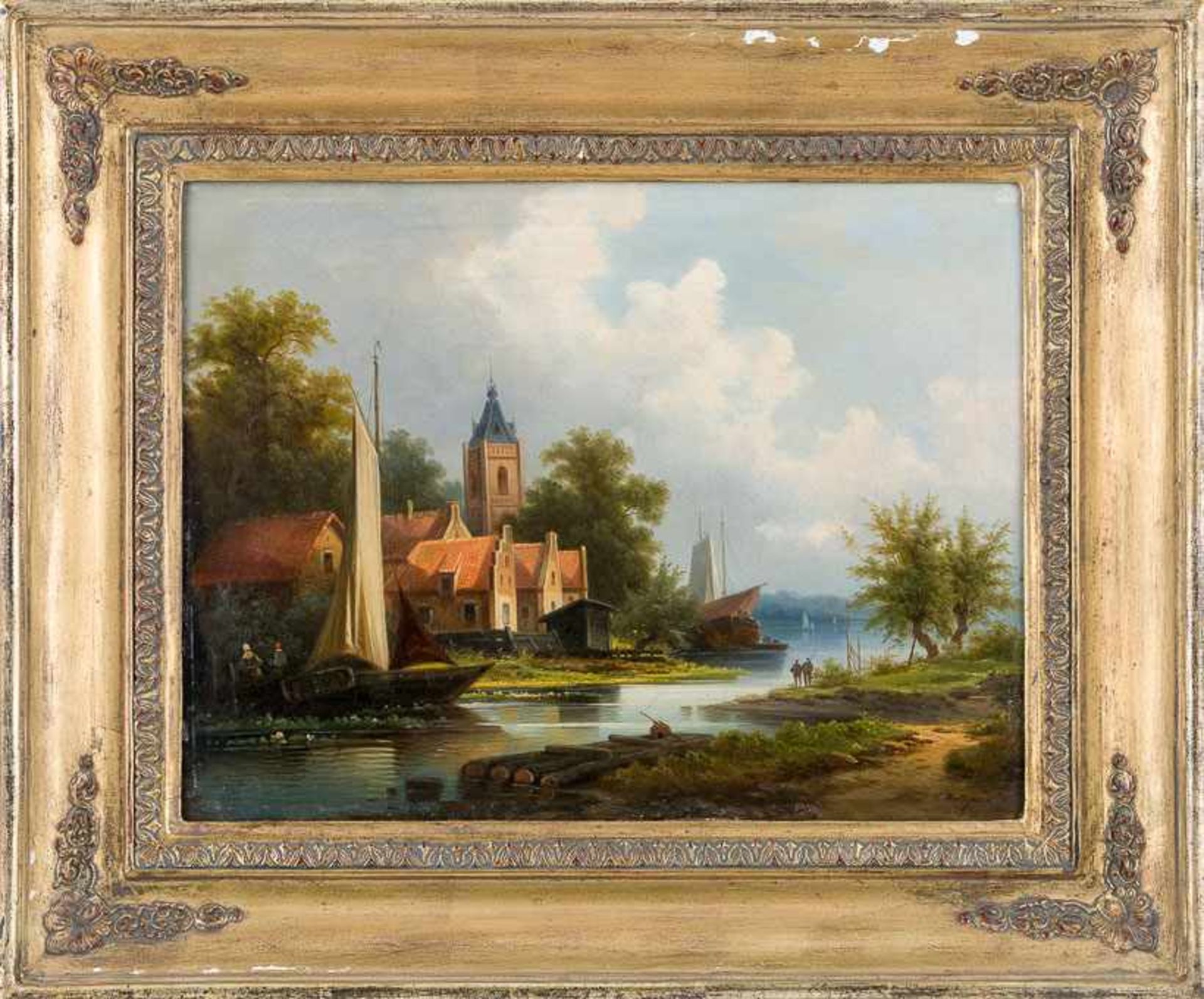 Brügner, Cölestin (Berlin 1824-1887) Kirchturm und holländische Giebelhäuser an schmalem Fluss und