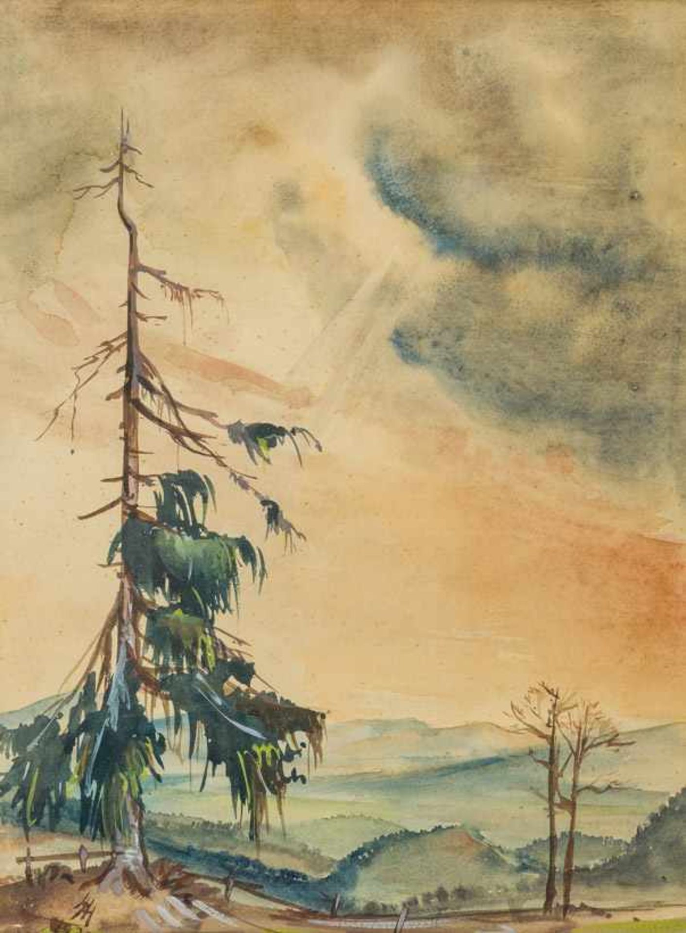 Monogrammist H. H. (um 1937) Berglandschaft mit vom Wind zerzauster Tanne. Aquarell. Monogr. HH (