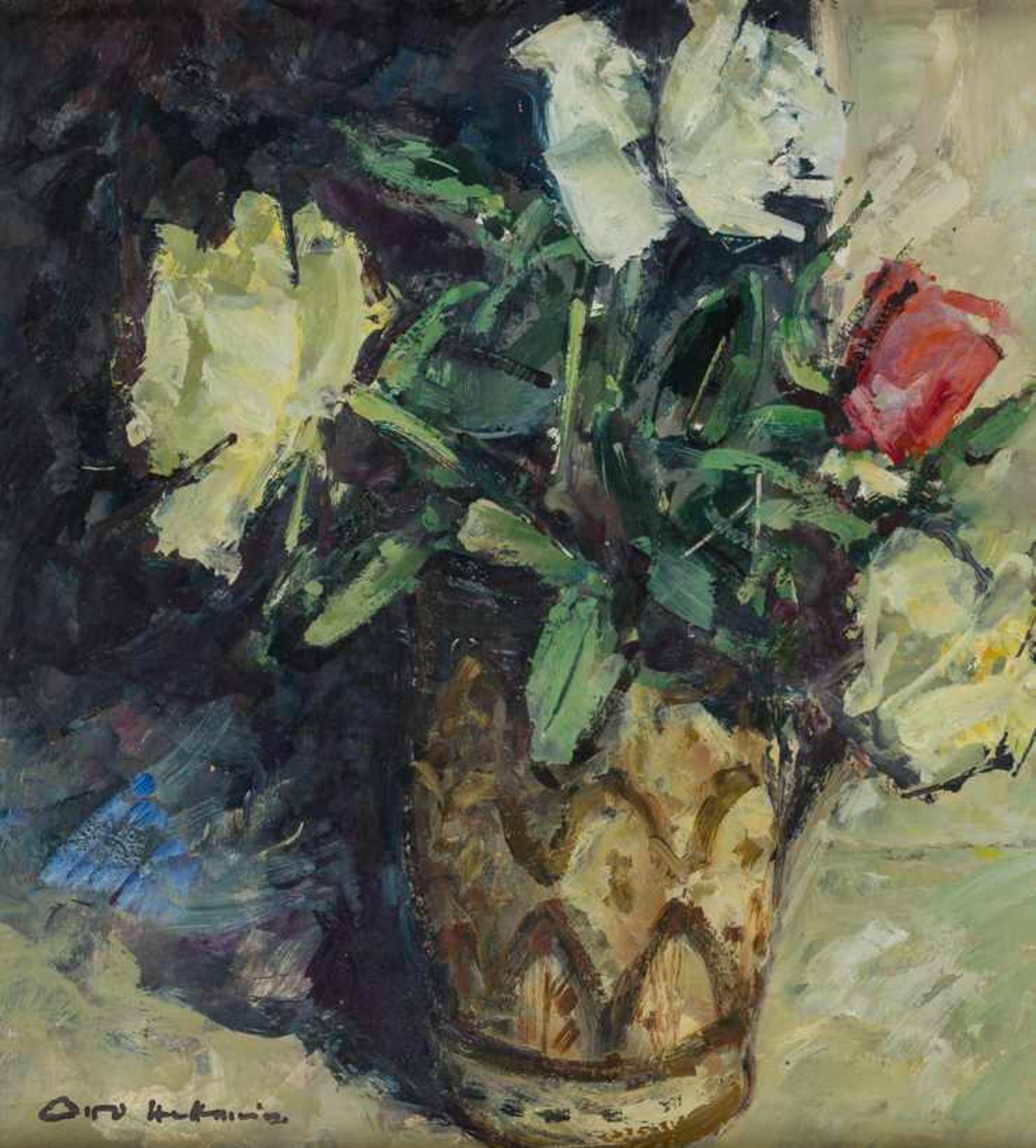 Hellmeier, Otto (München, 1908-1996) Rosen in Keramikvase. Sign. Malkarton. 29×25 cm. Rückseitig