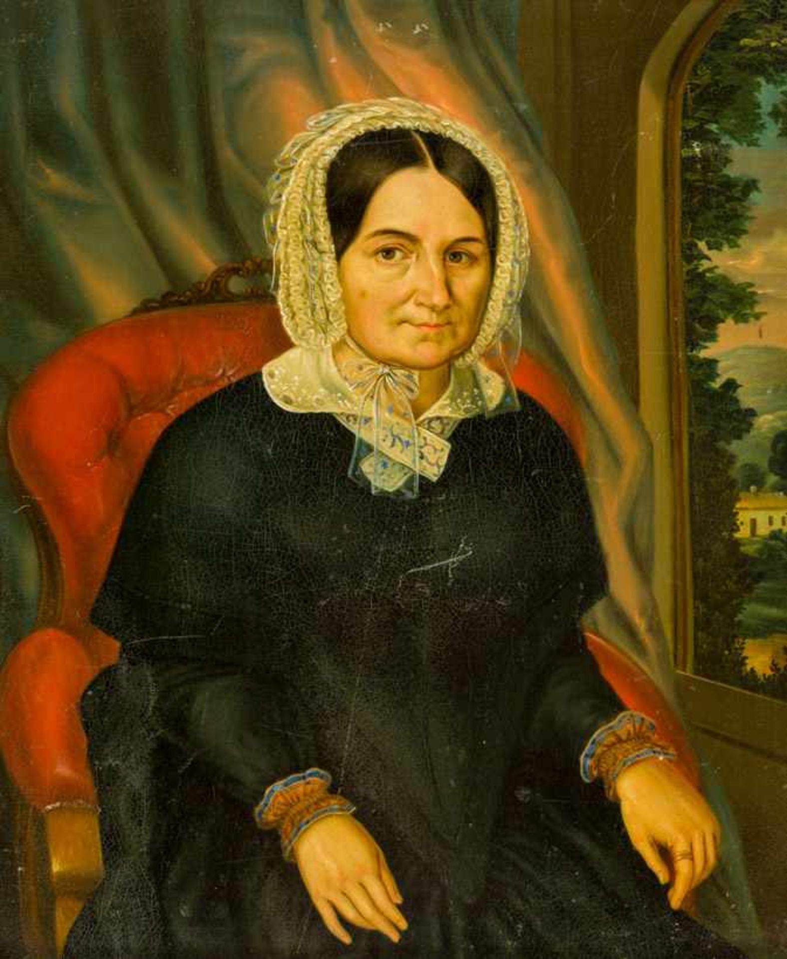 Biedermeiermaler (um 1840) Ältere Dame in schwarzem Kleid, Haube und weißer Spitzengarnitur auf