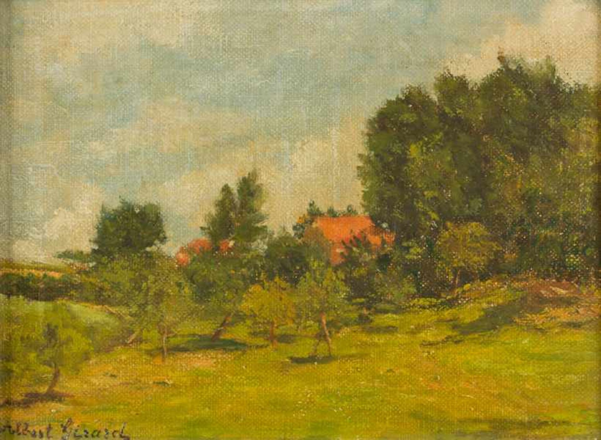 Gérard, Gilbert (um 1900/1910) Sommerlandschaft. Hinter Bäumen rotes Dach eines Bauernhauses.