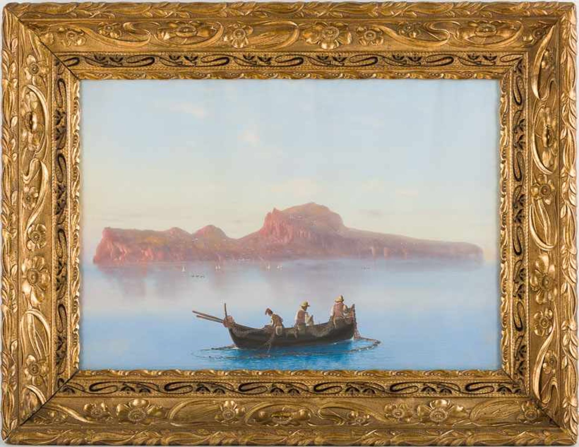 Corelli, Augusto (1853-1918) Fischer vor Capri auf windstillem Wasser. Sign. Gouache. 42×60 cm.