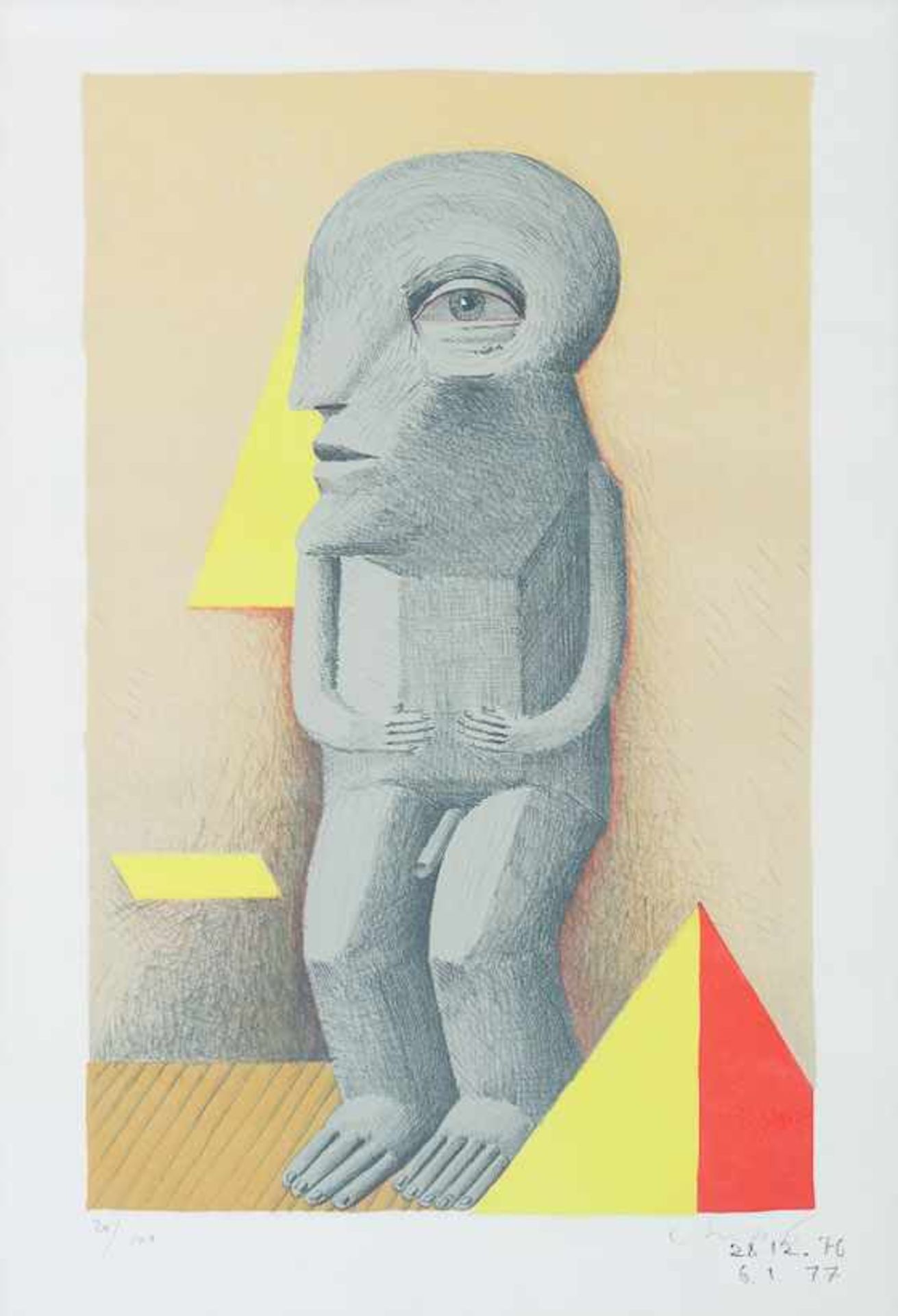 Antes, Horst (geb. 1936 Heppenheim) Männliche Figur und Pyramide. Farblithographie. Bleistift