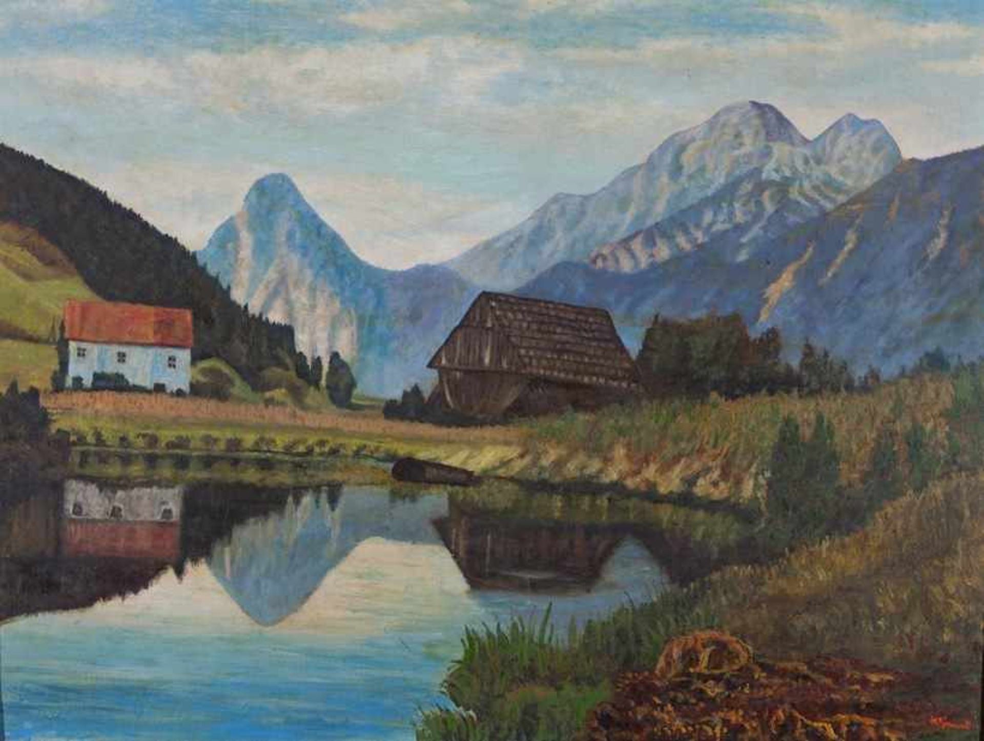 Grund, H. (20. Jh.) Gebirgssee mit Scheune und Bauernhaus. Unleserlich sign. Malkarton. 60×78 cm. R.