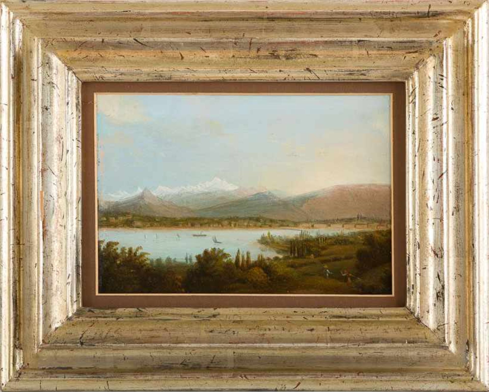 Deutscher Maler (19. Jh.) Comersee mit Blick auf Lecco und den schneebedeckten Monte Resegone. Holz.