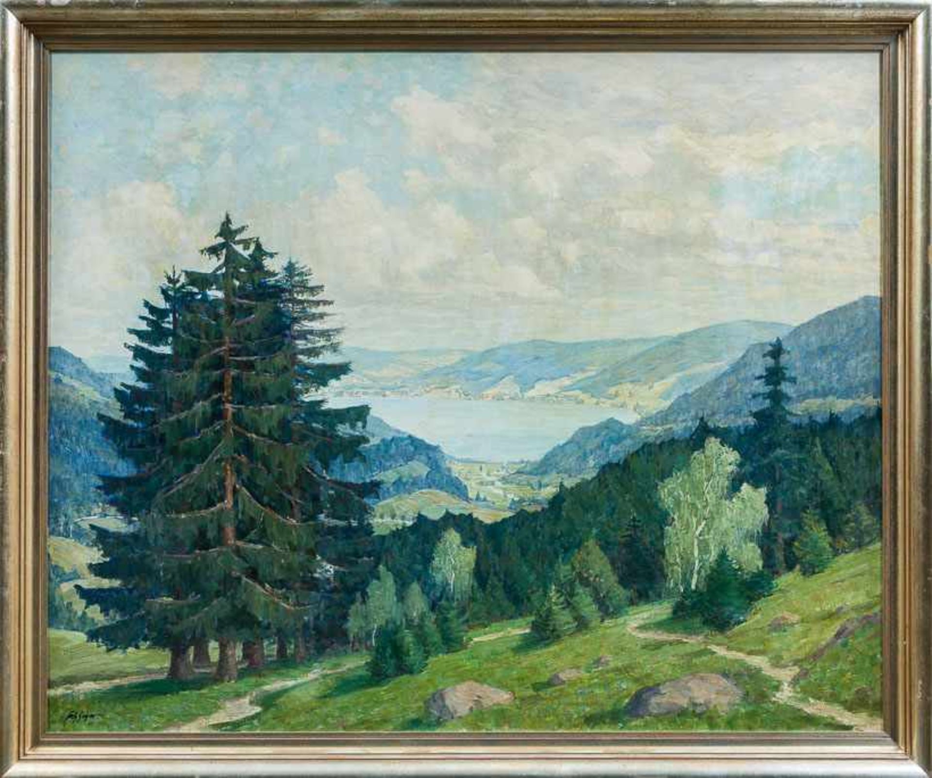 Geyer, Fritz (1872-1947) Blick auf den Titisee im Schwarzwald. Sign. Lwd. 99×123 cm. Rückseitig