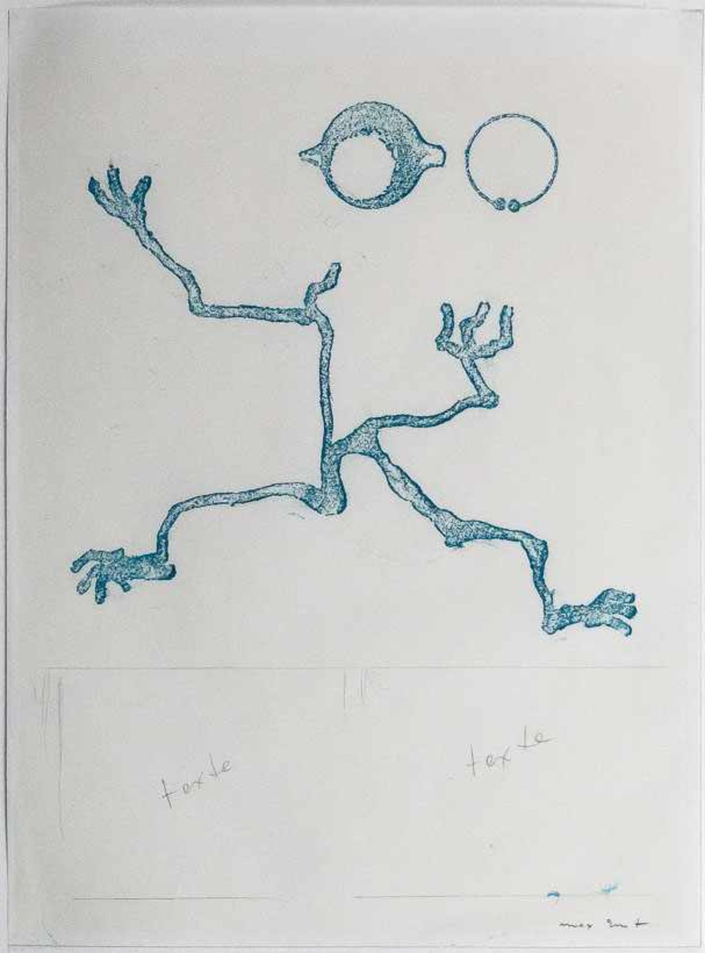 Derselbe "Ohne Titel". Figur mit Ring. Lithographie in Blau, sowie zwei Bleistiftkästchen mit der