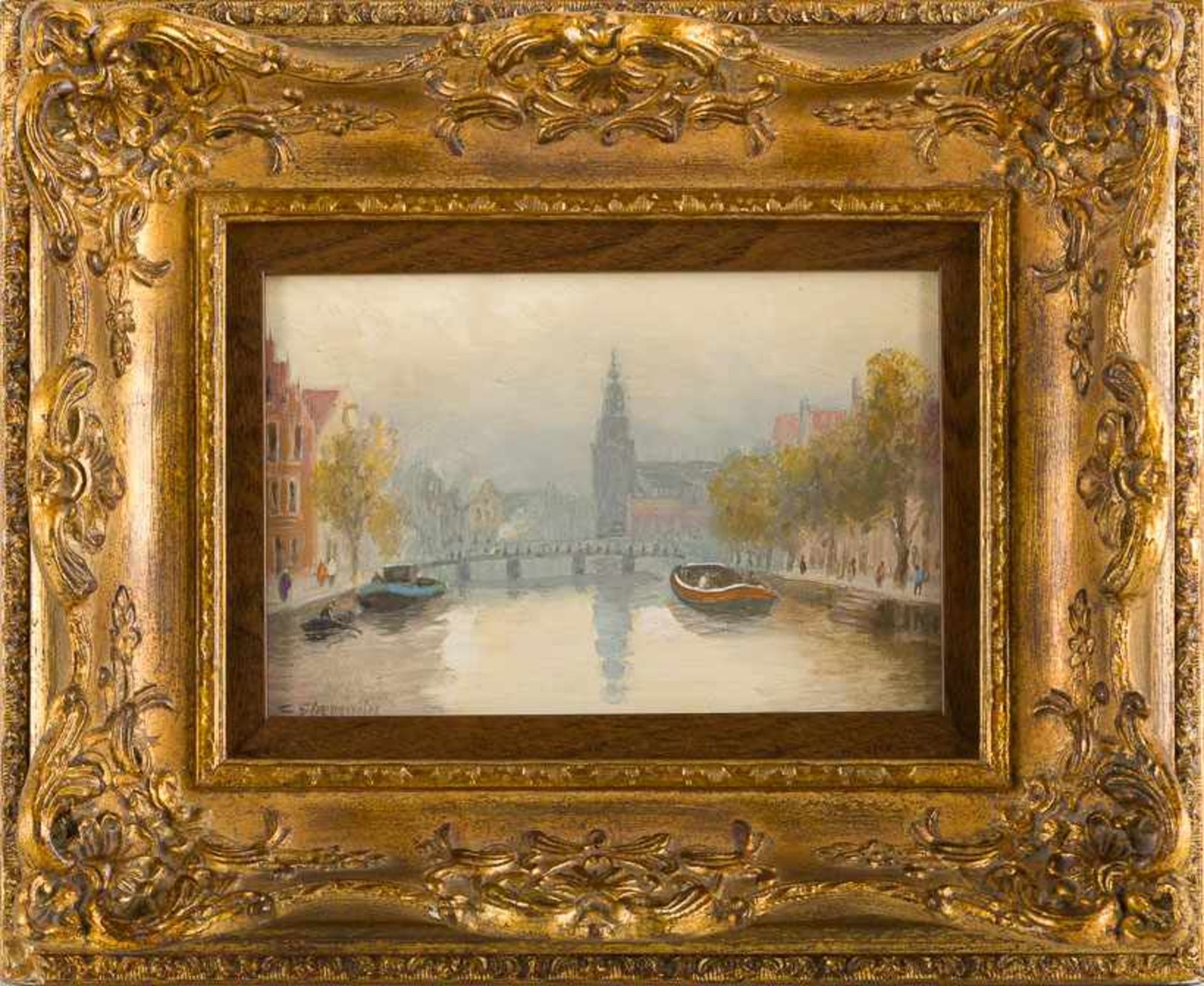 Derselbe Amsterdamer Gracht mit Blick auf die Neue Kerk. Sign. Holz. 11×16 cm. R.(57200)