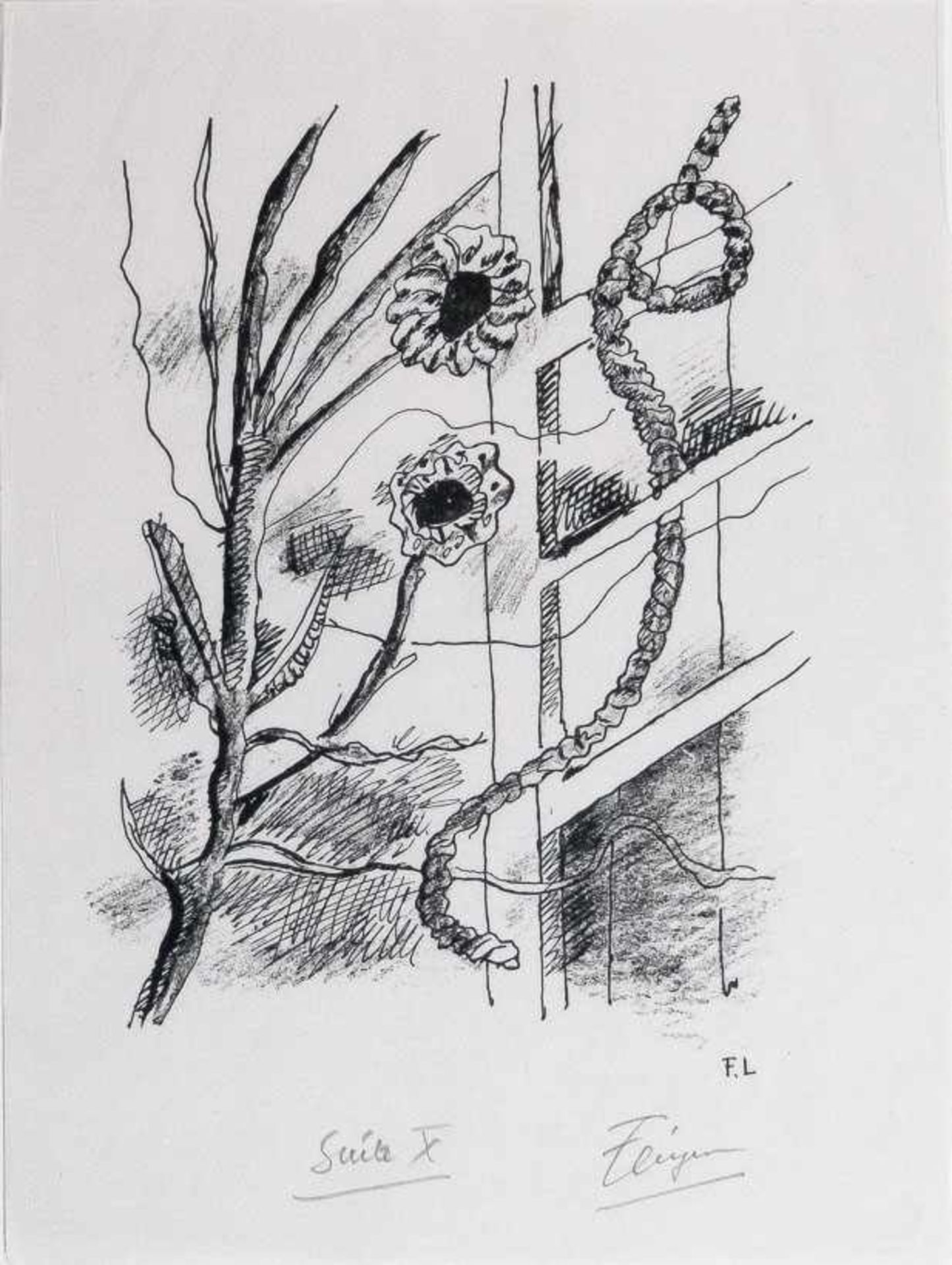 Derselbe "Les illuminations by Arthur Rimbaud", 1949. Blume mit zwei Blüten und geschwungenes Tau.