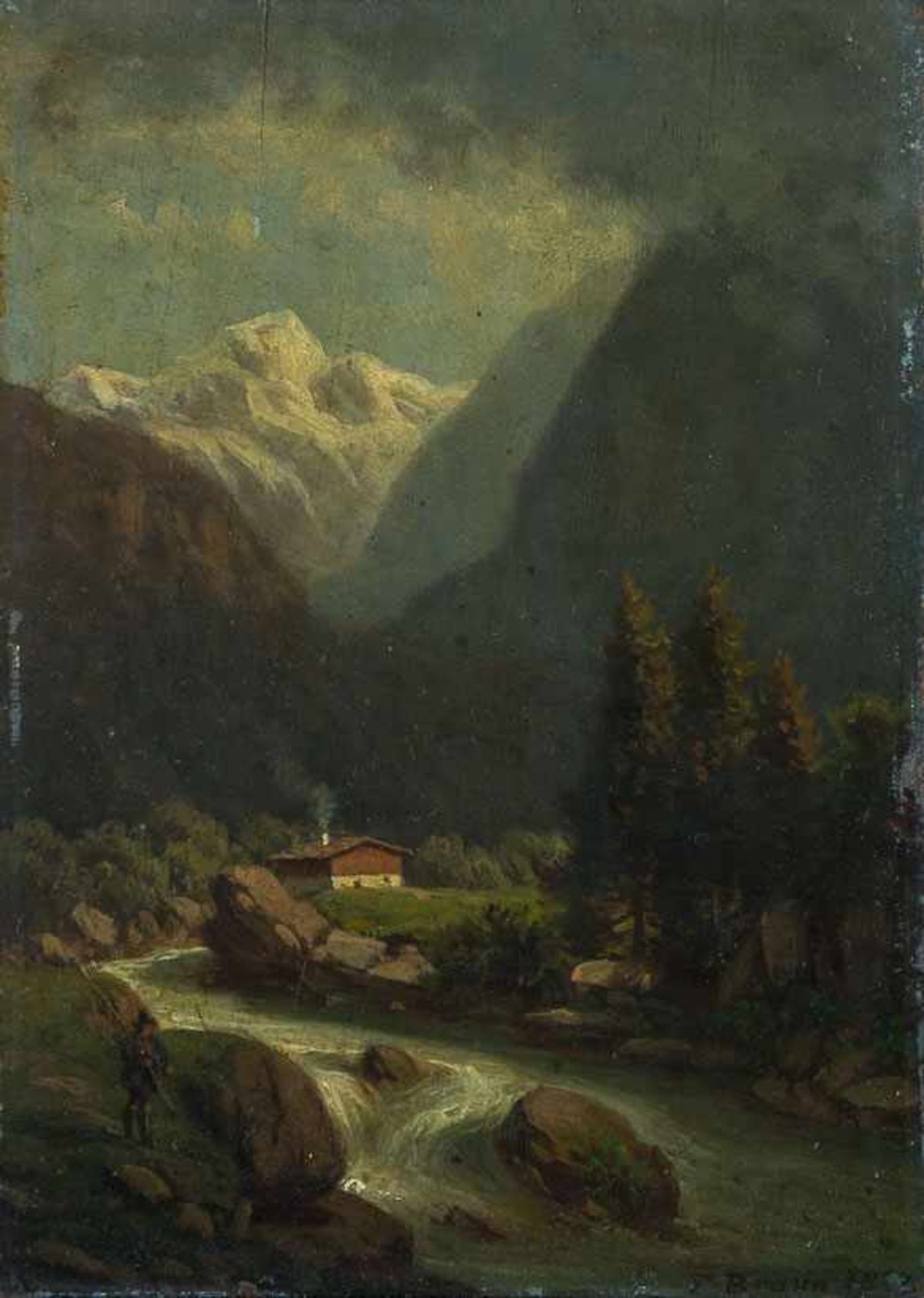 Braun, F. (um 1862) Schmales Gebirgstal mit Fluss und Hütte. In der Ferne schneebedecktes