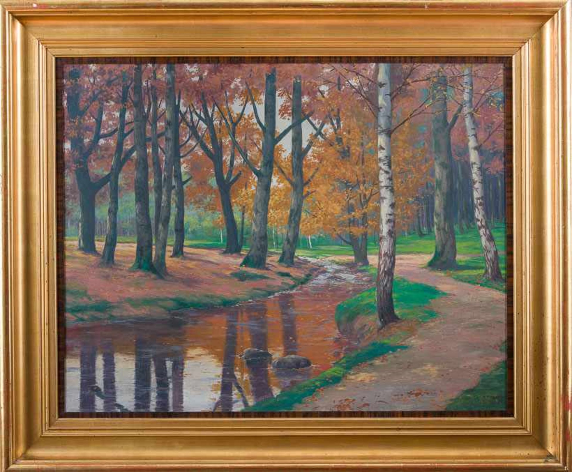 Felix-Schulze, Arthur (geb. 1874, Stadt Naunhof) Lichter Buchenwald mit Wasserlauf und Sandweg im