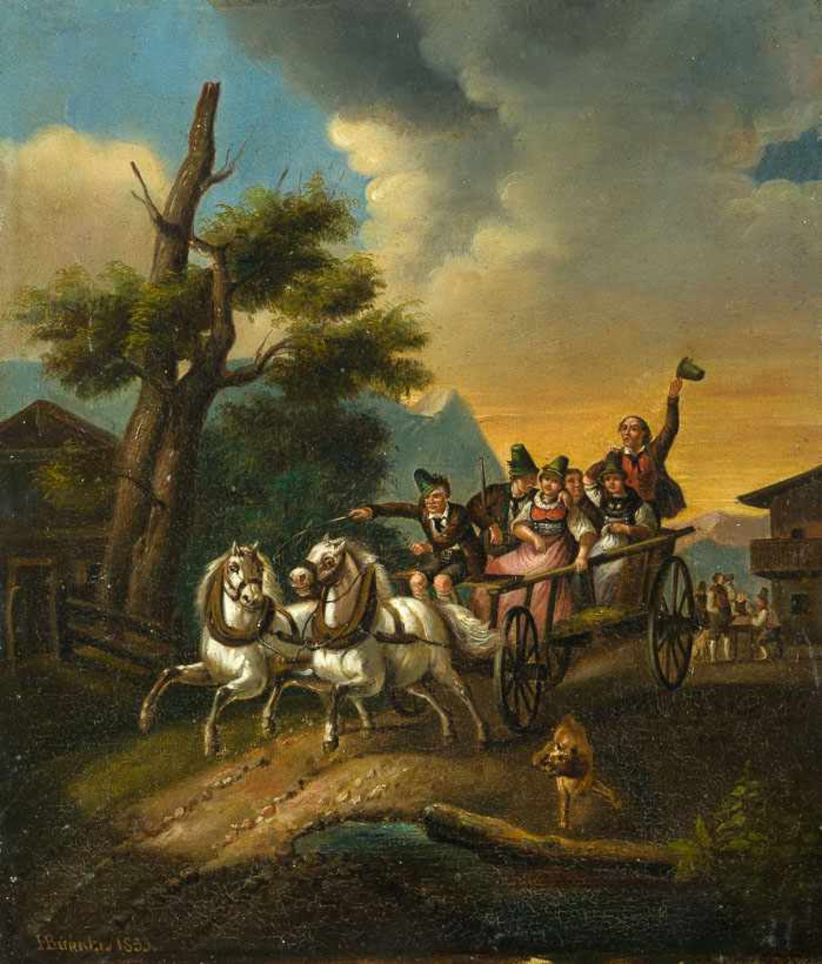 Bürkel, Heinrich (Pirmasens, München 1802-1869) Von Fest heimkehrende Bauernpaare in Leiterwagen,