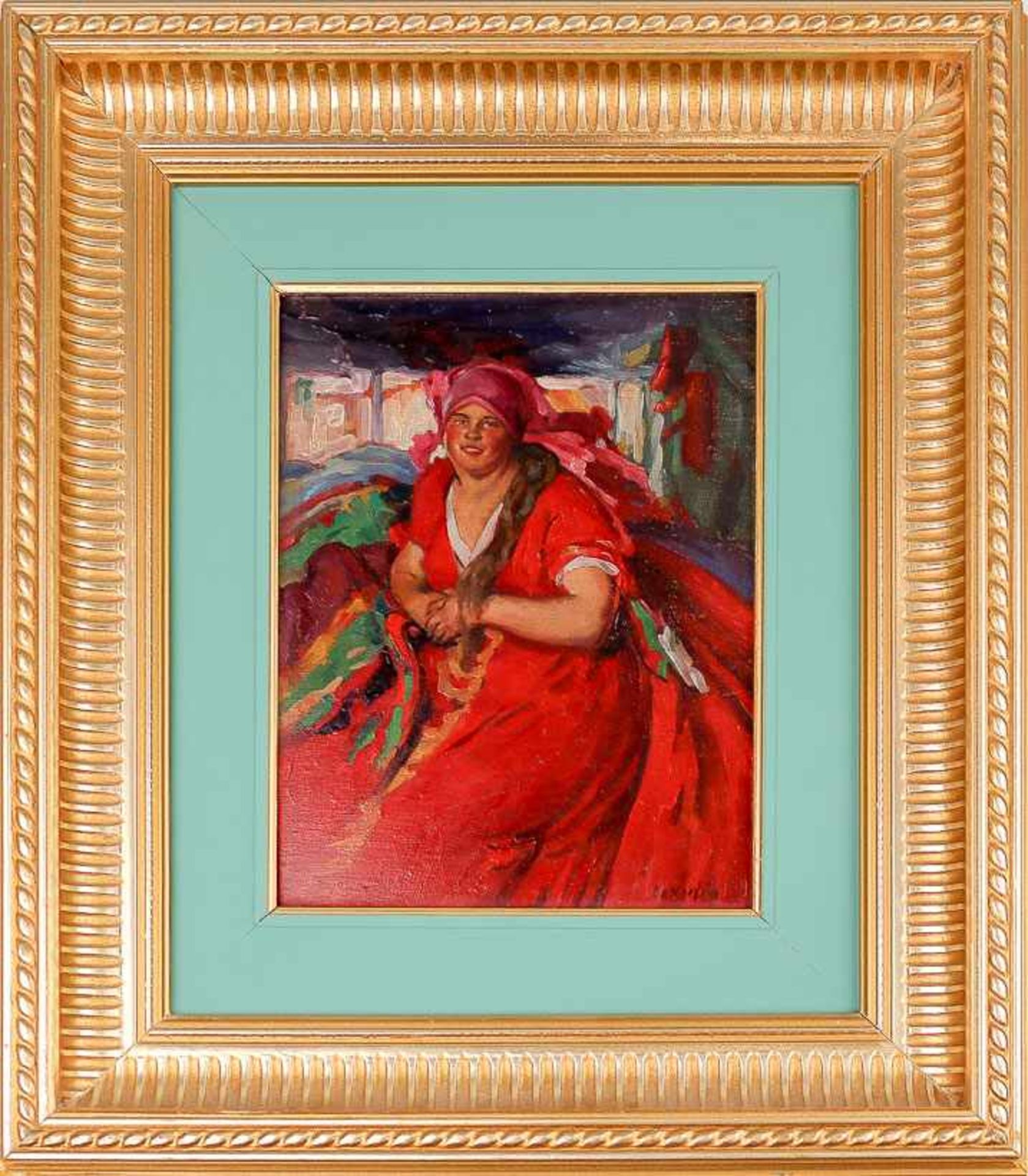 Bakulin, Nikolai (1896-1952) Fröhliches Bauernmädchen in leuchtend rotem Kleid. Sign. Malkarton 24×