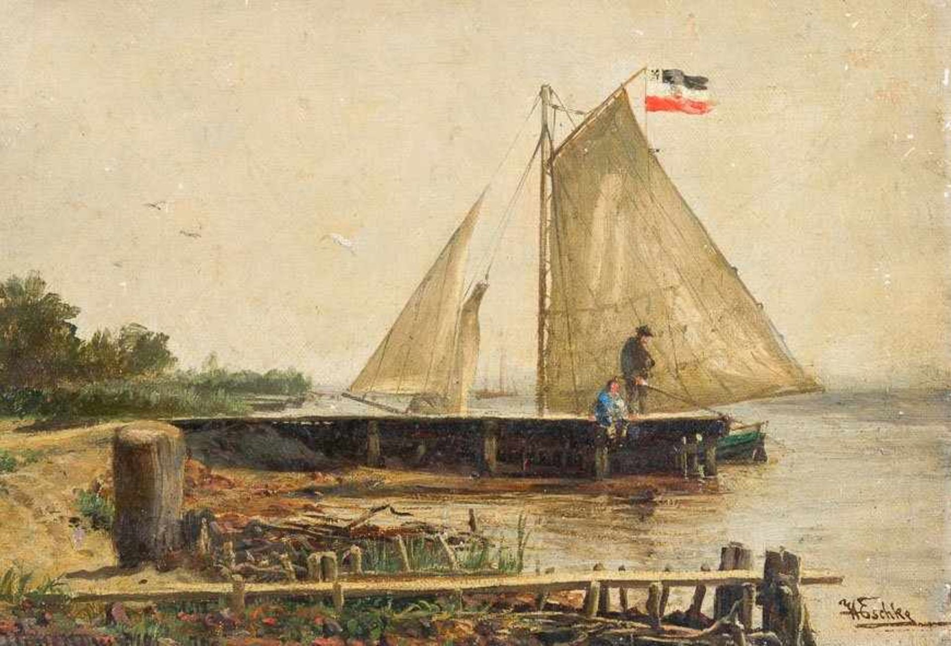 Eschke, Hermann (Berlin 1823-1900) Havelufer mit Bootssteg und ankerndem Segelboot. Auf dem Steg