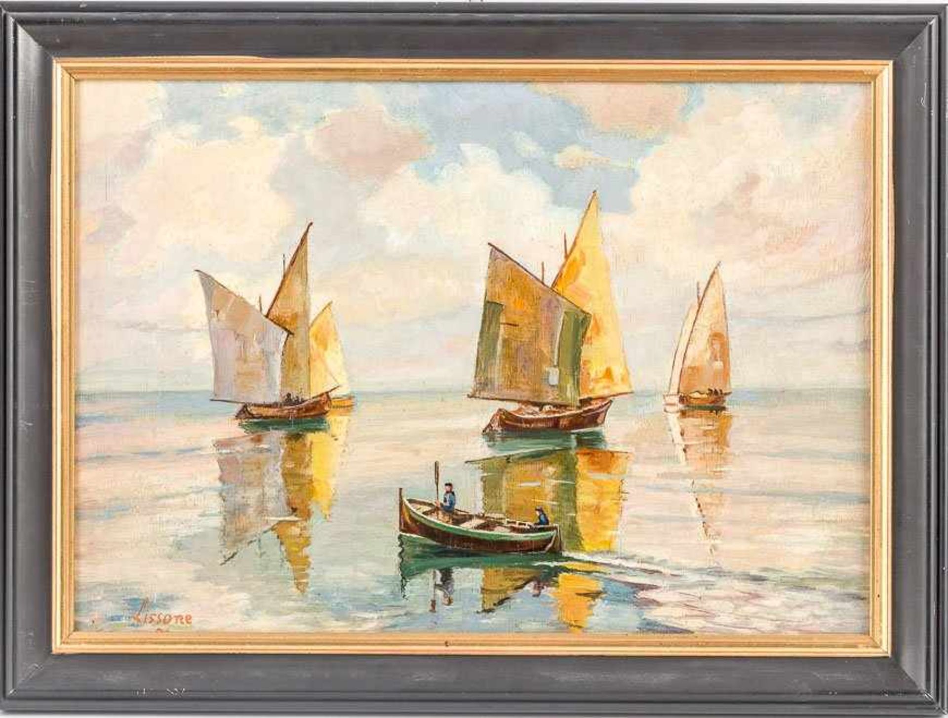 Lissone, Francescus (1877-1936) Auf der Lagune von Venedig. Drei Segelboote und Ruderkahn. In Rot