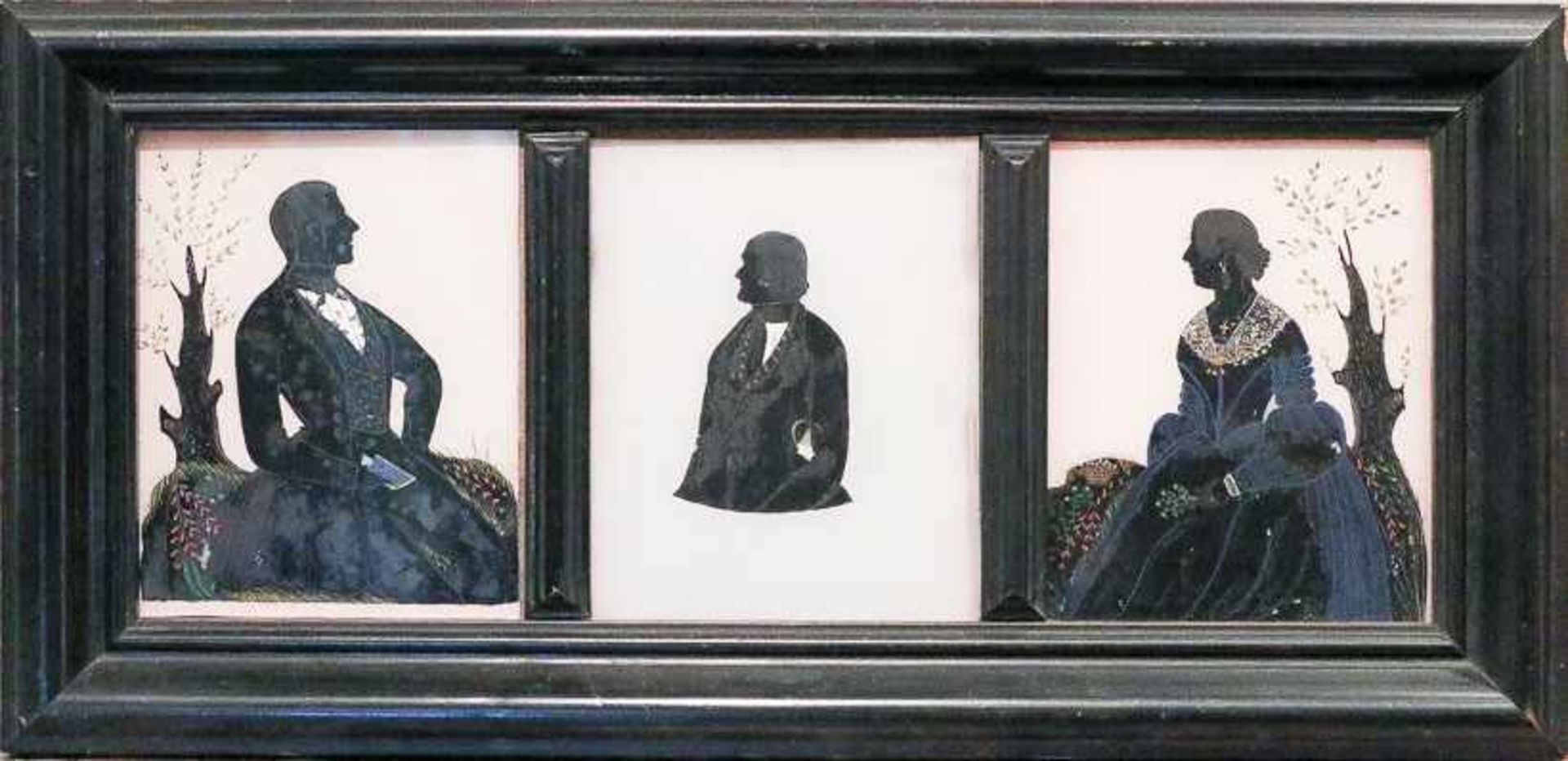 Hinterglasmaler (England, Mitte 19. Jh.) Ehepaar und einzelner Herr in dreifacher Sammelrahmung.