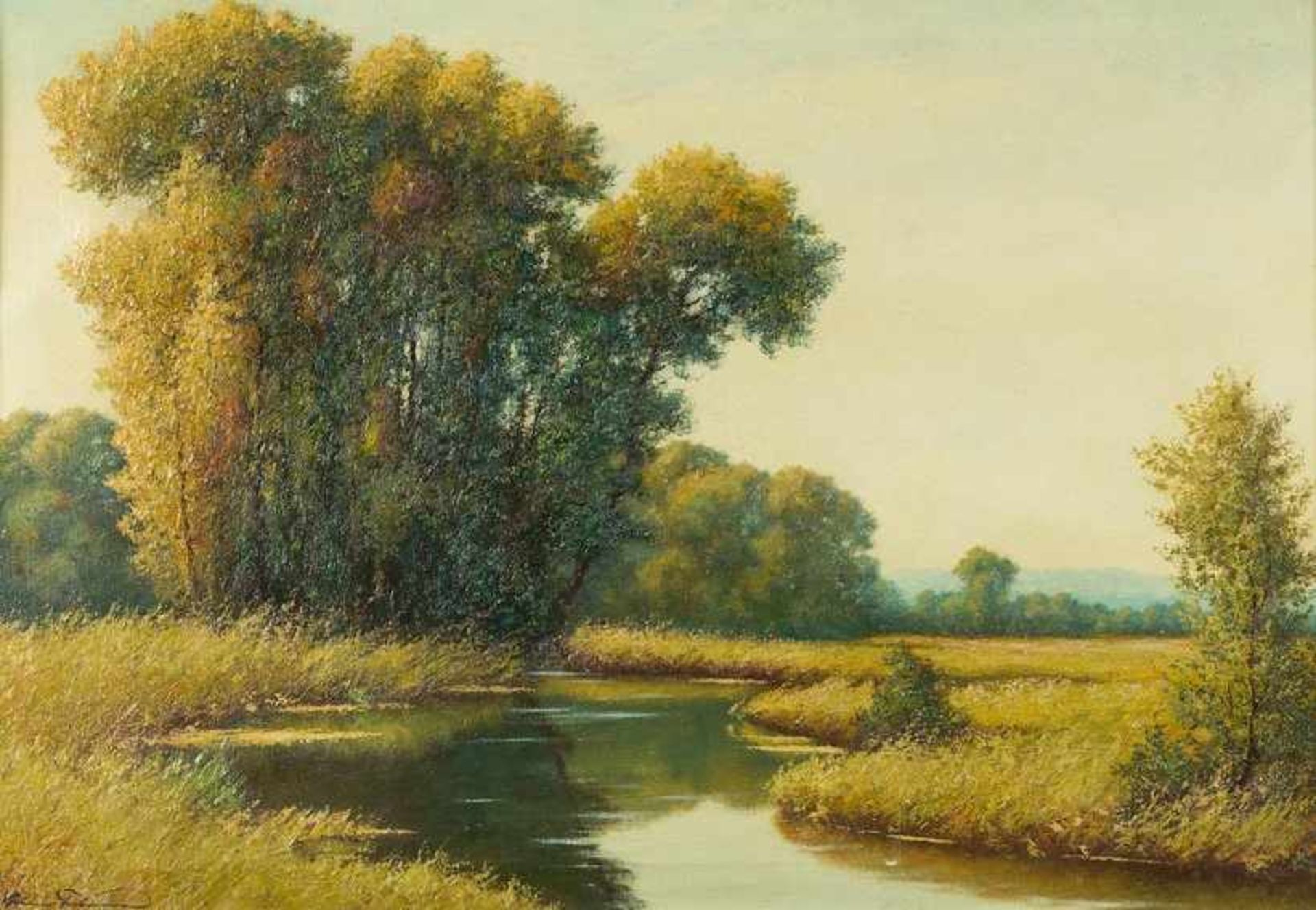 Fuhrmann, Bruno (20. Jh.) Sommerlandschaft mit Bachlauf und ferner Hügelkette. Lwd. 72×101 cm. R. (