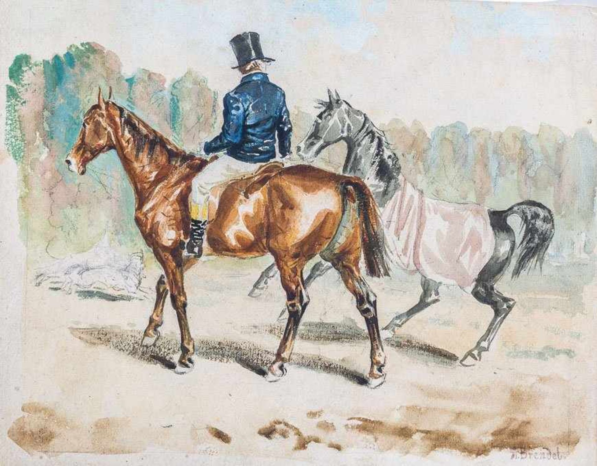 Derselbe Reiter auf Braunem, einen mit Decke geschützten Vollbluthengst am Zügel führend.