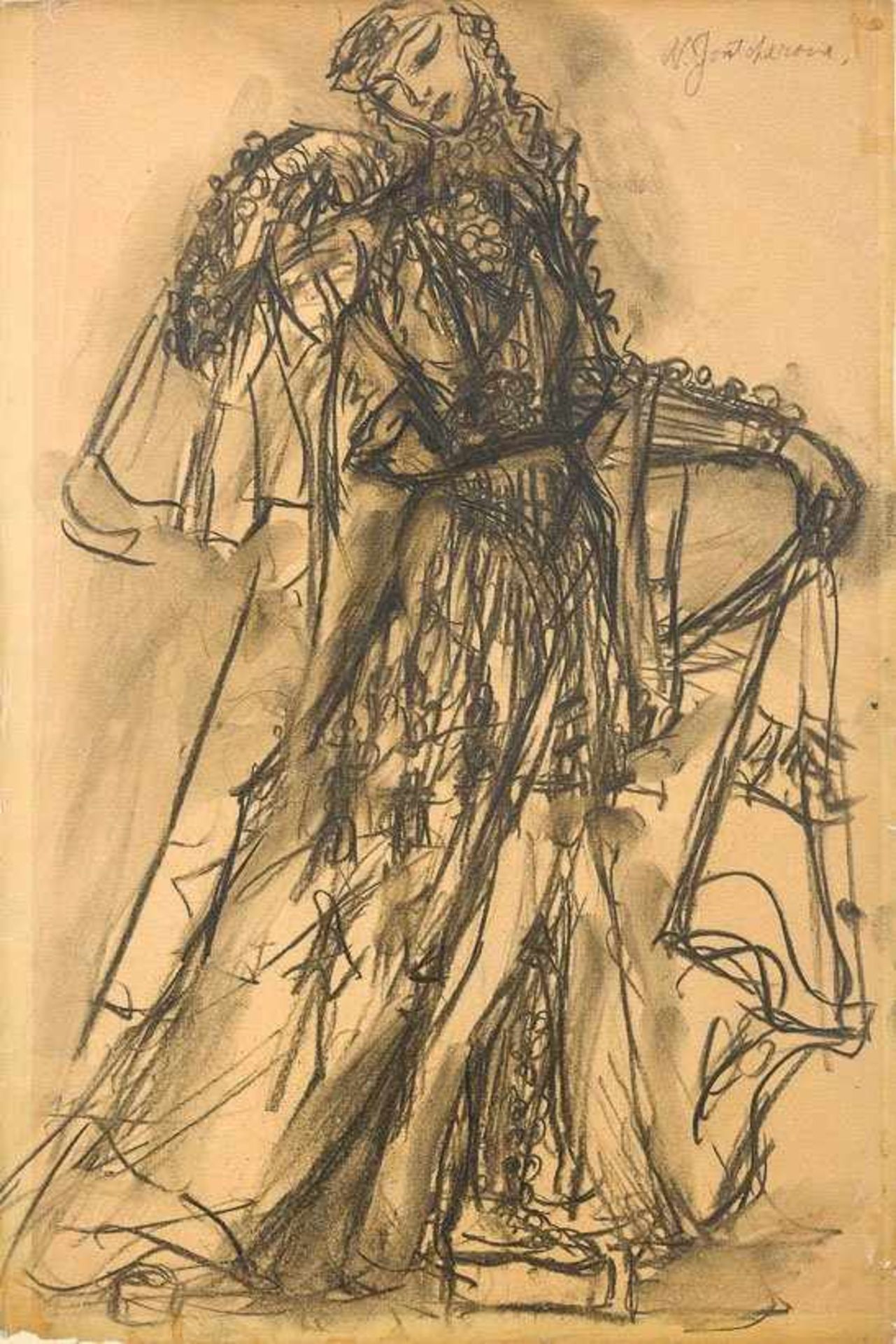 Gontscharova, Natalja (Tula, Paris 1881-1962) Kostümfigurine in langem, wallendem Kleid. Sign.