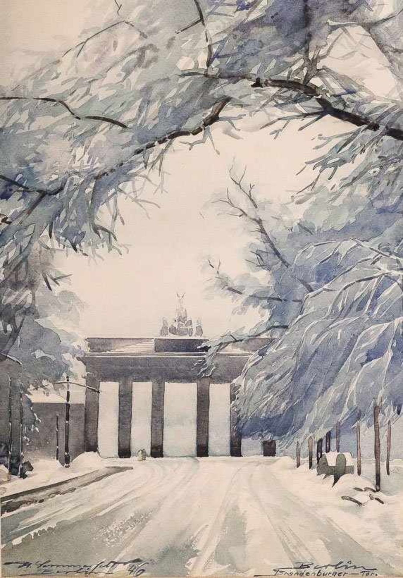 Sommerfeldt, H. (Berlin um 1946) Berlin – Brandenburger Tor" im Winter 1946. Aquarell. Sign.,