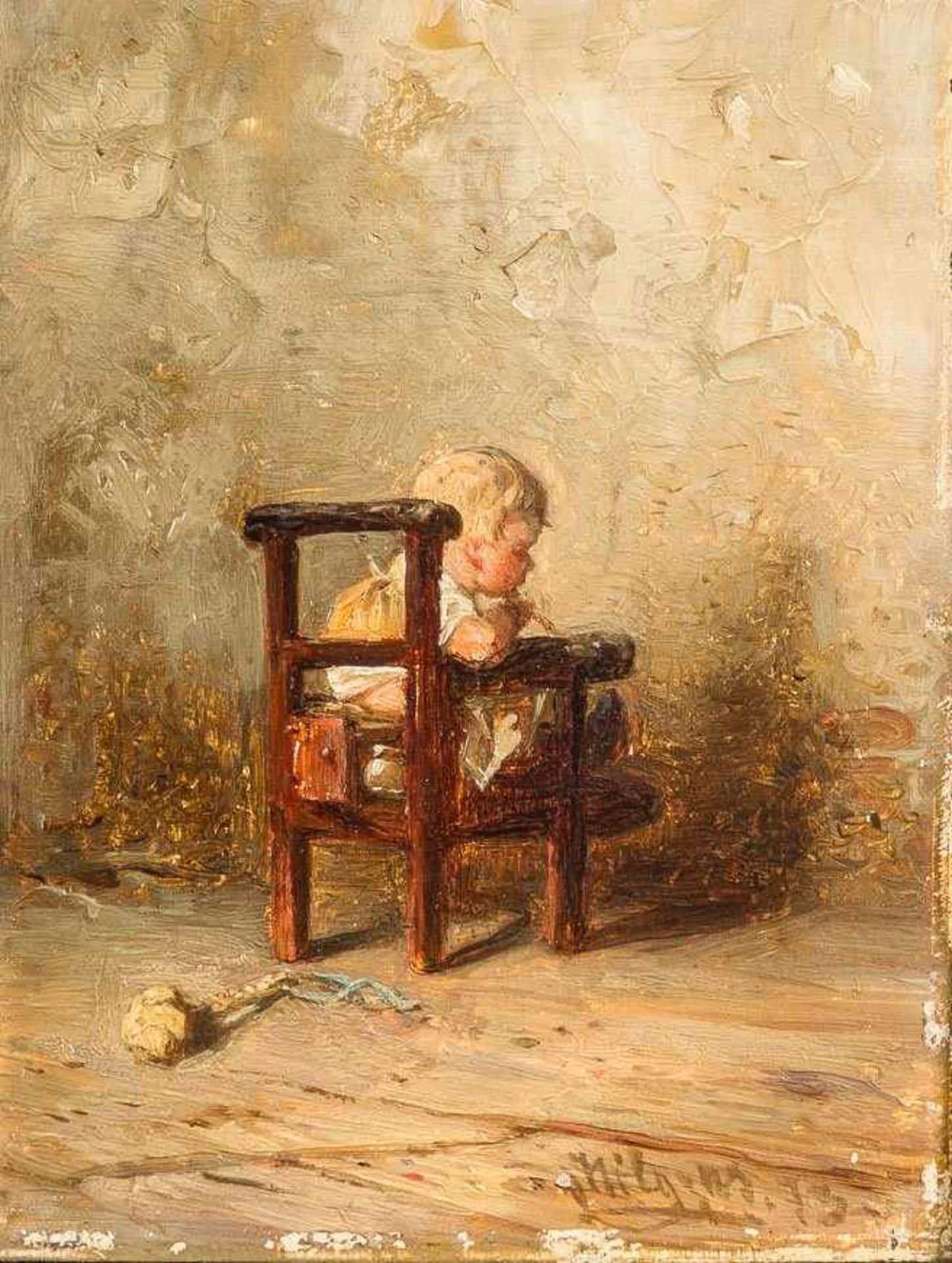 Hilgers, Carl (Düsseldorf 1818-1890) Kleinkind in hölzernem Kinderstuhl, seine Suppe löffelnd. Vor