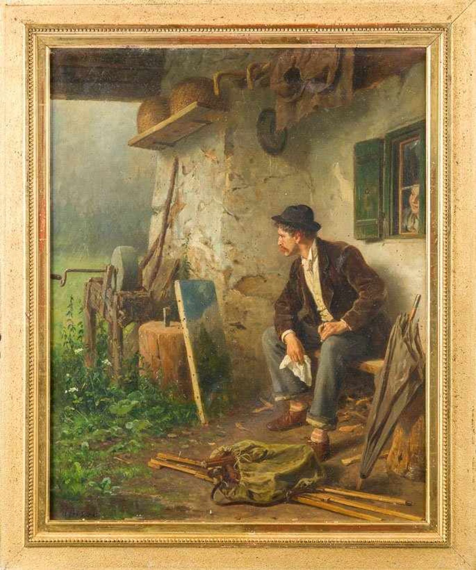 Bever, Hermann (Würzburg, München 1845-1912) Ein kritischer Blick. Wandernder Maler mit seinen