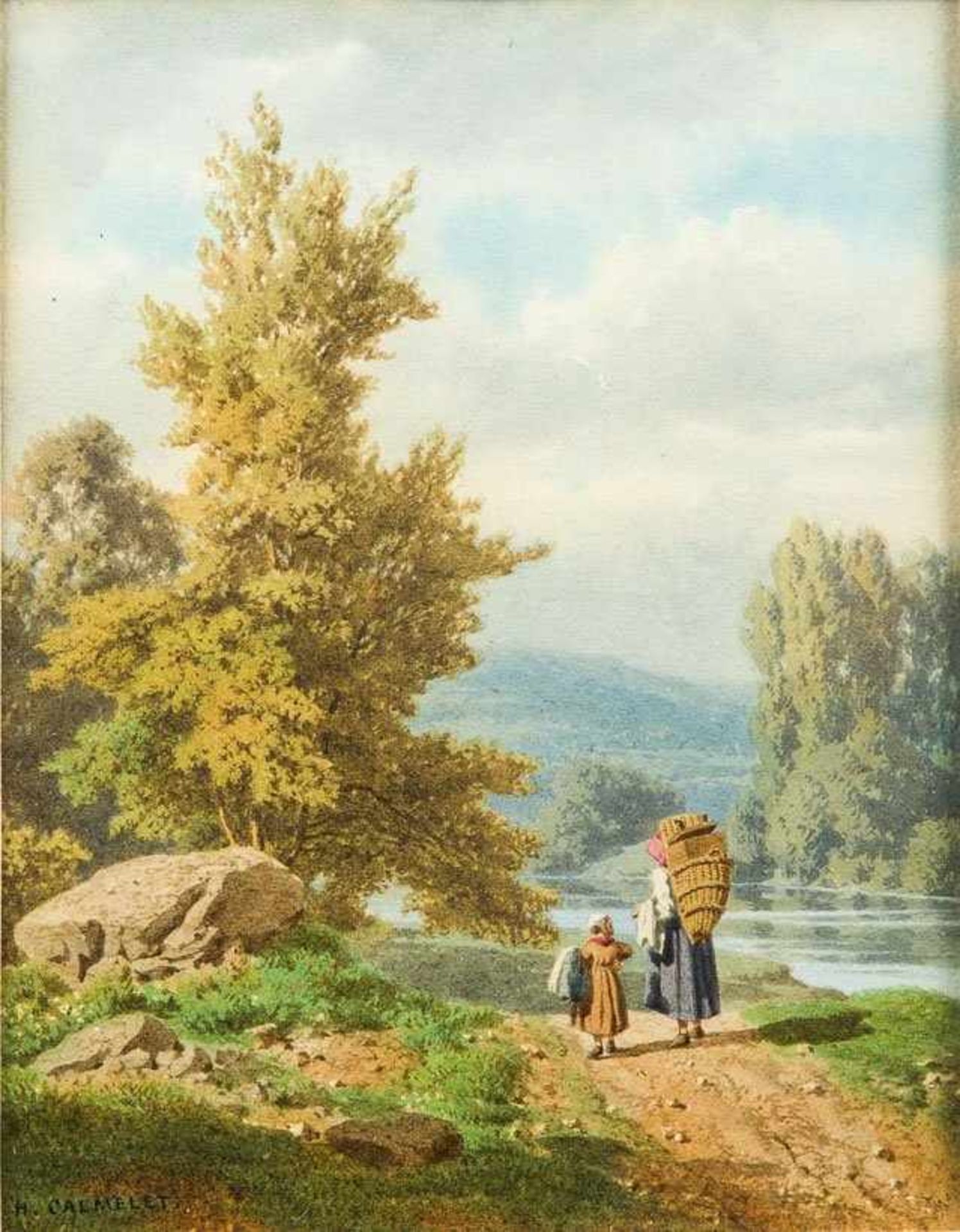Calmelet, Hedwig (geb. 1814, Laon/Frankreich) Hausiererin mit Tochter in Flusslandschaft.