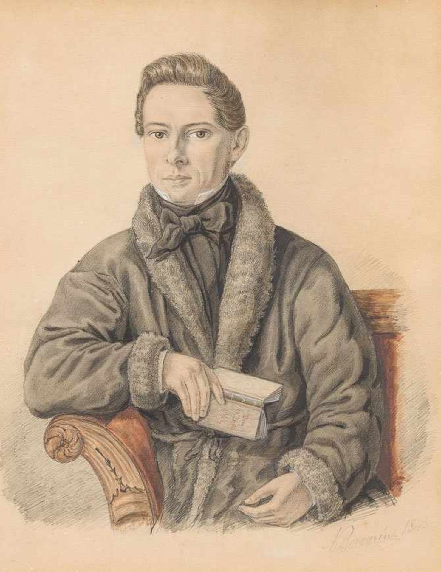 Borgycin, N. (um 1843) Junger Herr in pelzverbrämtem Morgenmantel, ein Buch in der Rechten,