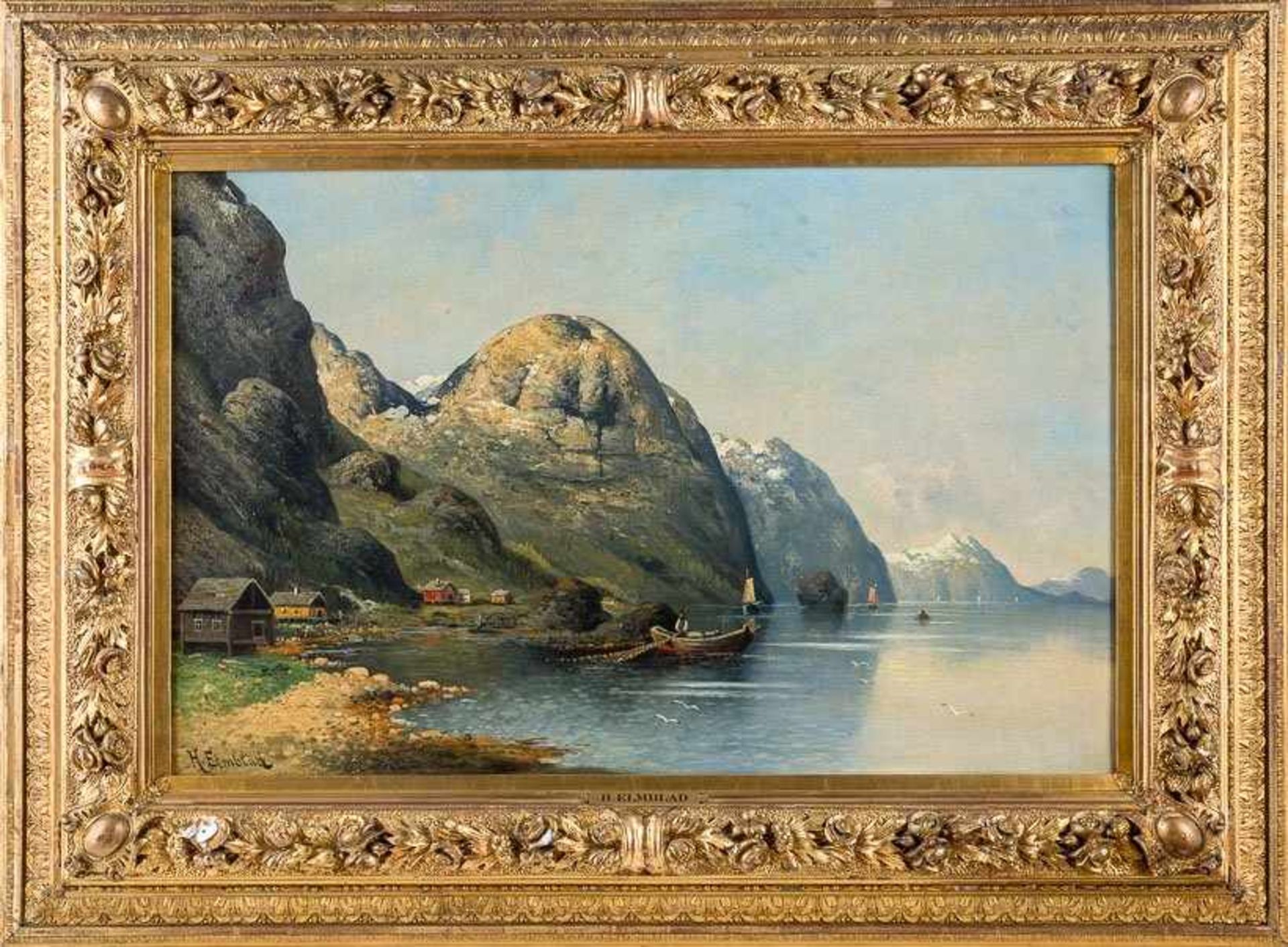 Elmblad, H. F. (19./20. Jh.) Romsdalfjord im Sommer. In Ufernähe Fischer, sein Netz einziehend.