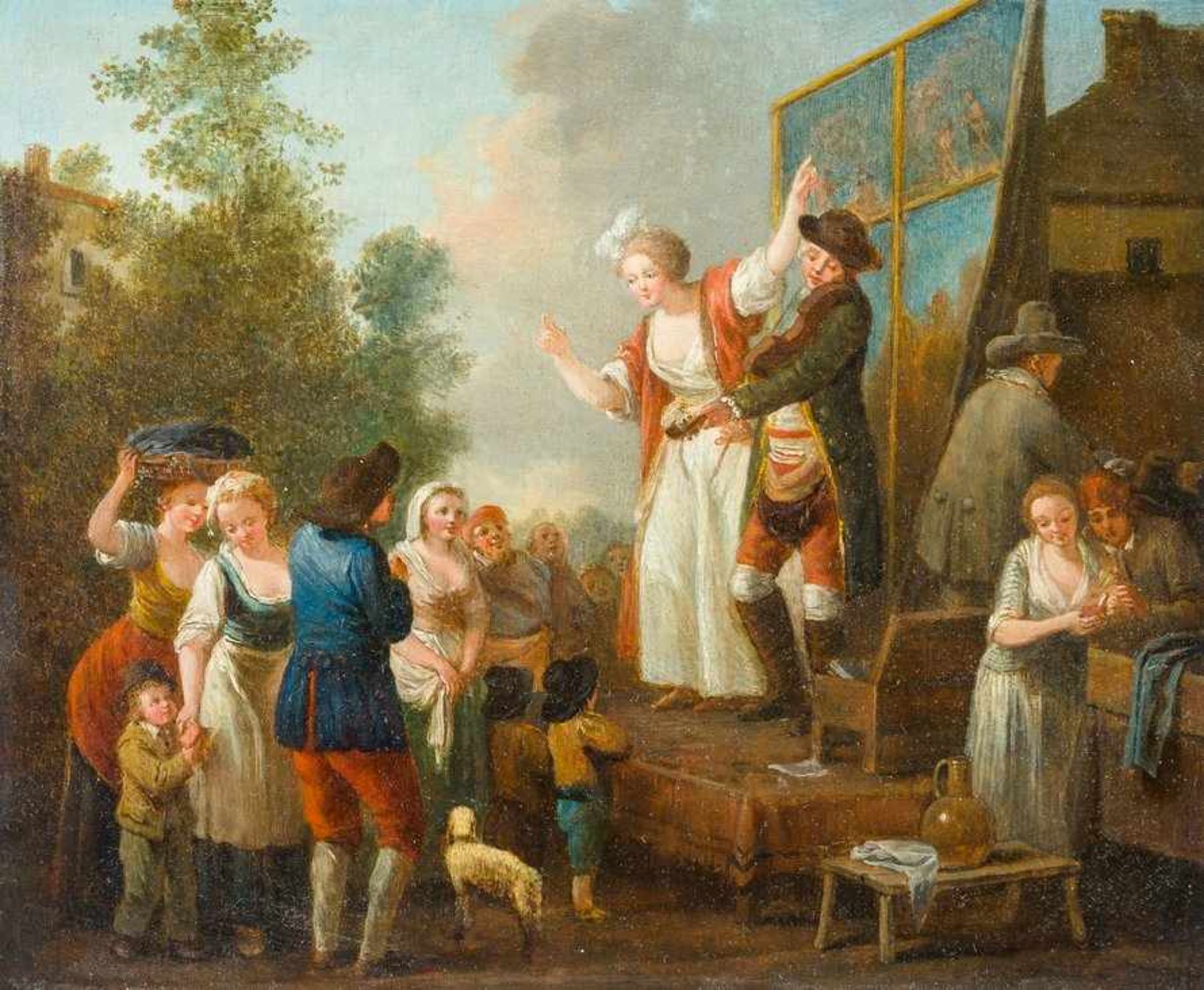 Deutscher Genremaler Um 1770 Bänkelsängerin und Geigenspieler. Um die Bühne herum lebhafte Szene auf