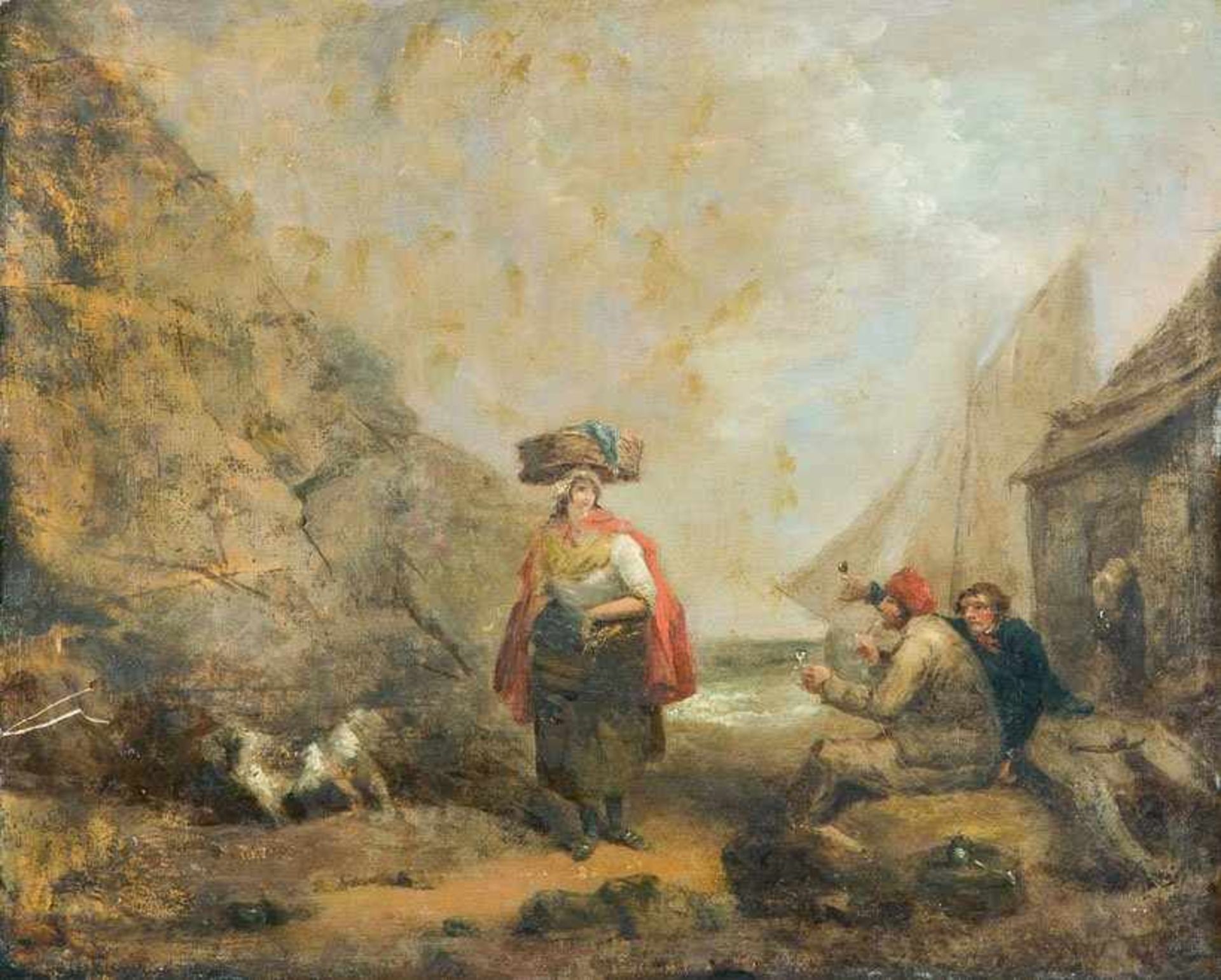 Flämischer Maler In Italien (E. 18. Jh.) Meeresbucht mit Wäscherin und feiernden Matrosen. Segelboot