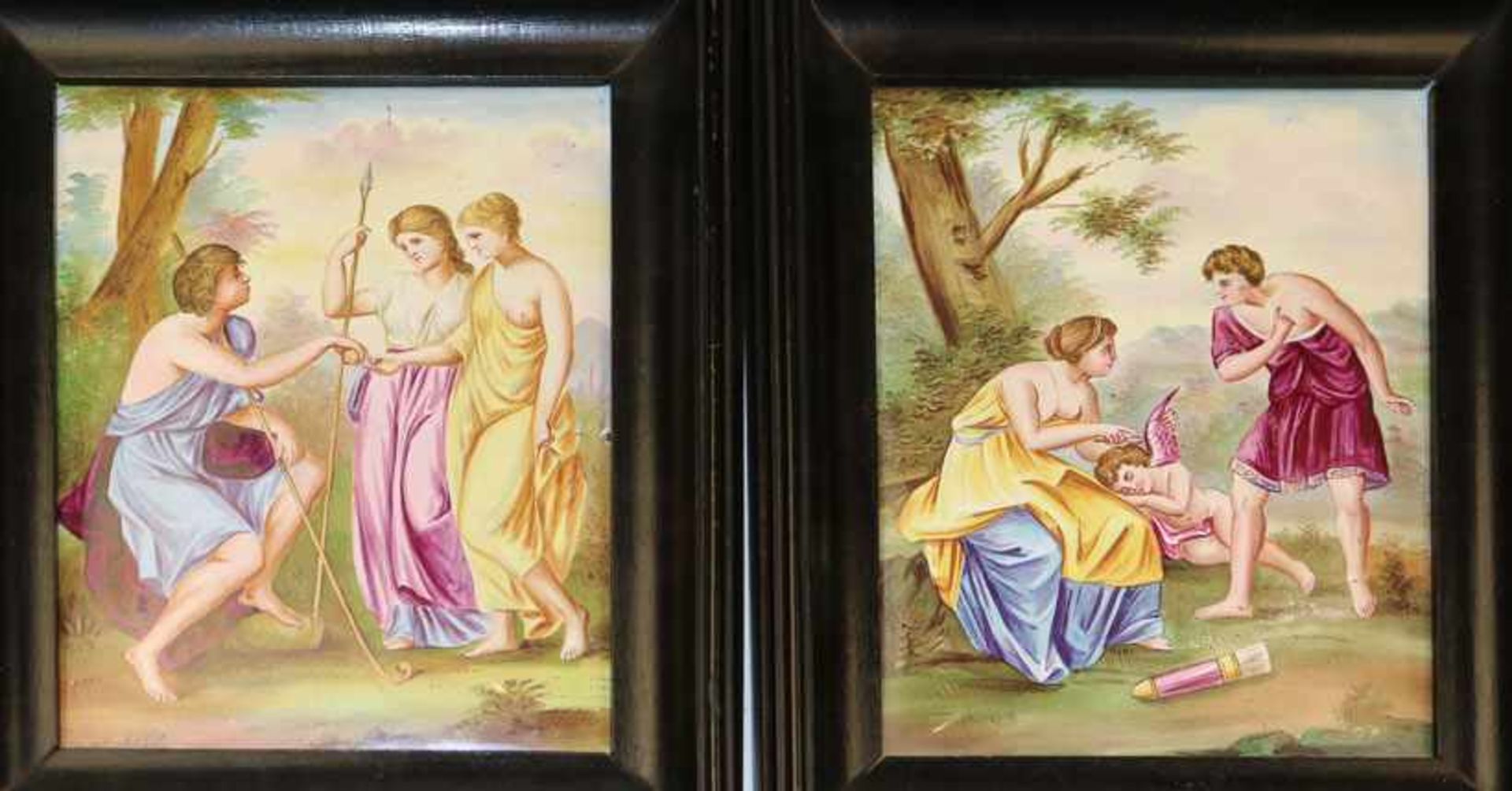 Emailmaler Um 1900 Parisurteil. Venus und Adonis. Zwei rechteckige Plaketten. 17×12,5 cm. R. (
