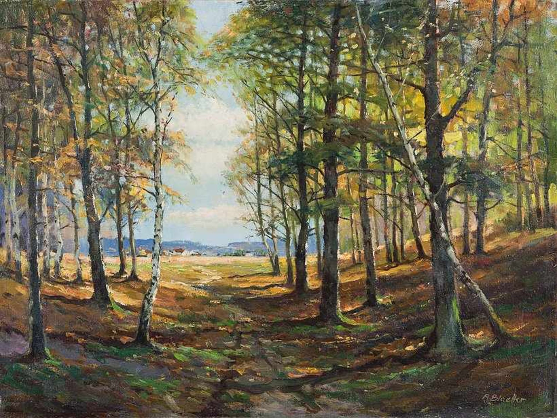 Blätter, A. (20. Jh.) Blick aus lichtem Buchenwald auf sonnige Landschaft. Sign. Lwd. 60×80 cm.