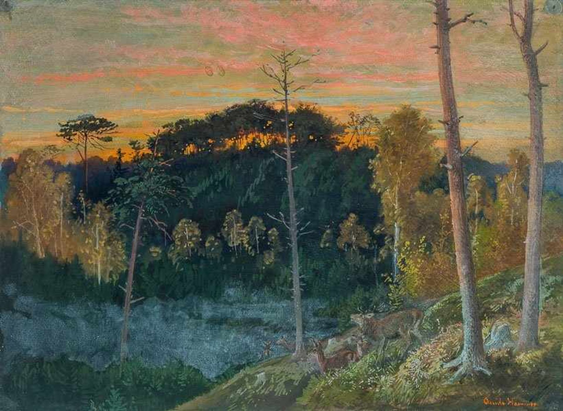 Hammer, Guido (Dresden 1821-1898) Waldlichtung, von der untergehenden Sonne rot gefärbter Himmel. Am