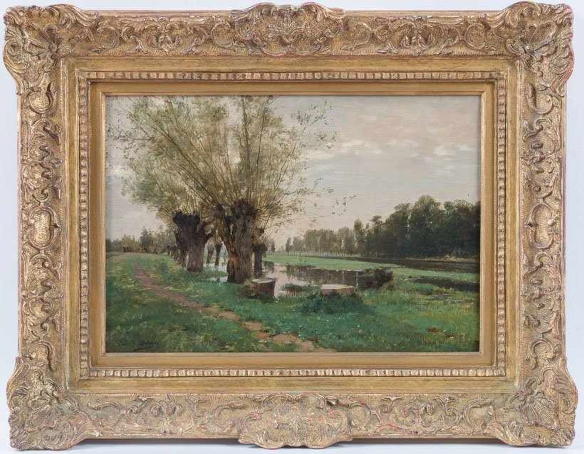 Adan, Louis Émile (Paris 1839-1937) Sommerlandschaft mit Kopfweiden und überschwemmter Wiese.