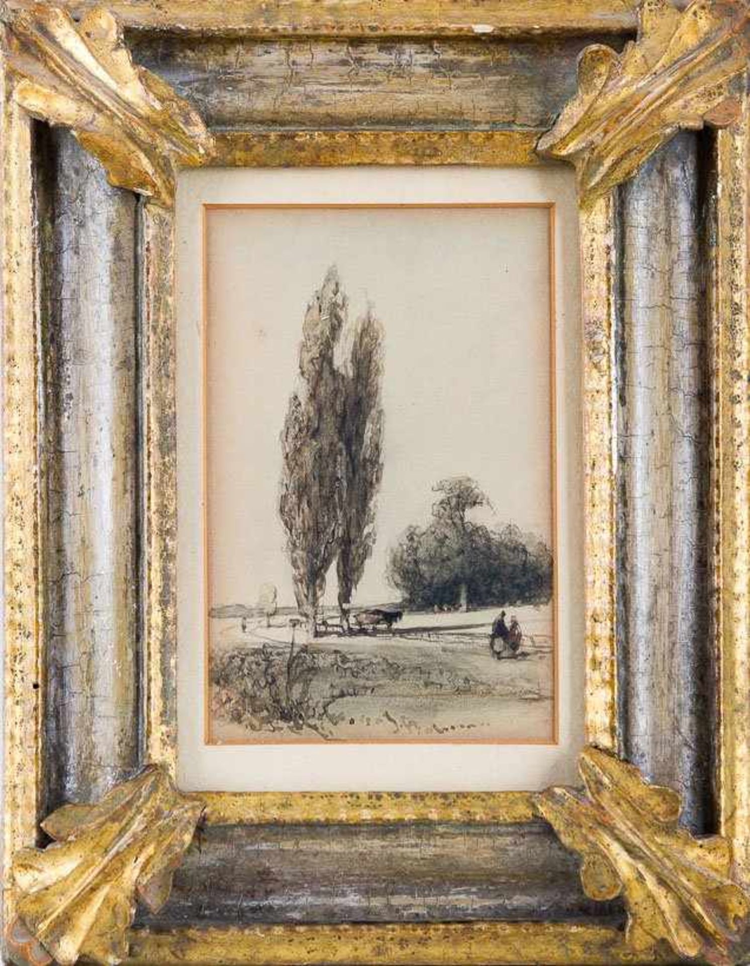Bosboom, Johannes (Den Haag 1817-1891) Landschaft mit zwei Pappeln und Figurenstaffage. Aquarell