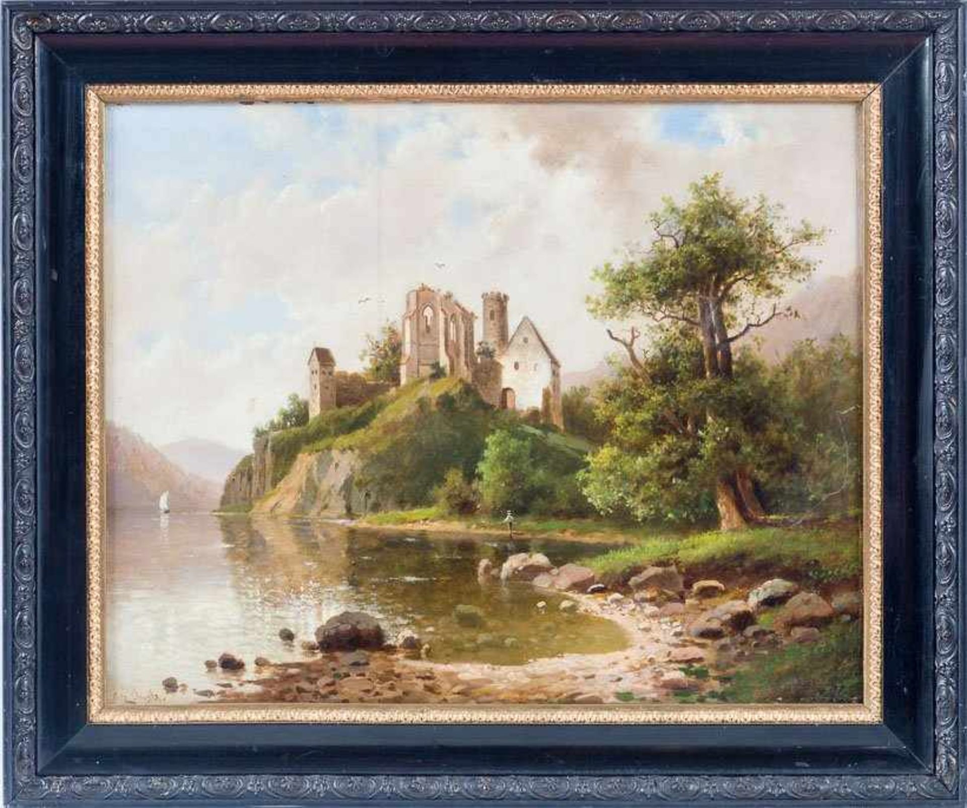 Derselbe Gegend an der Elz mit Klosterruine über Flussufer. Sign. Lwd. 43×52 cm. R.(57372)