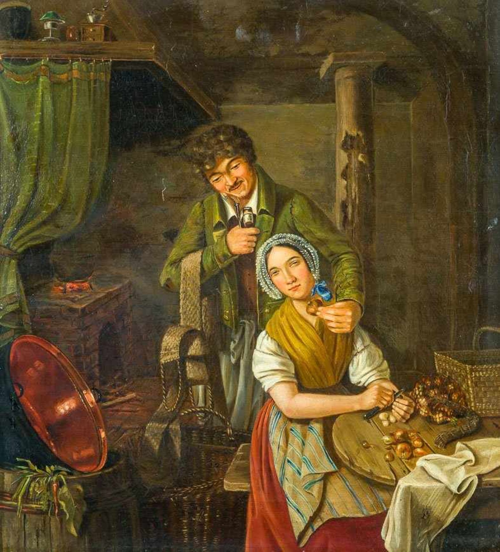 Genremaler (um 1837) Kücheninterieur. Junge Magd beim Zwiebel putzen, hinter ihr Jägerbursch, sie