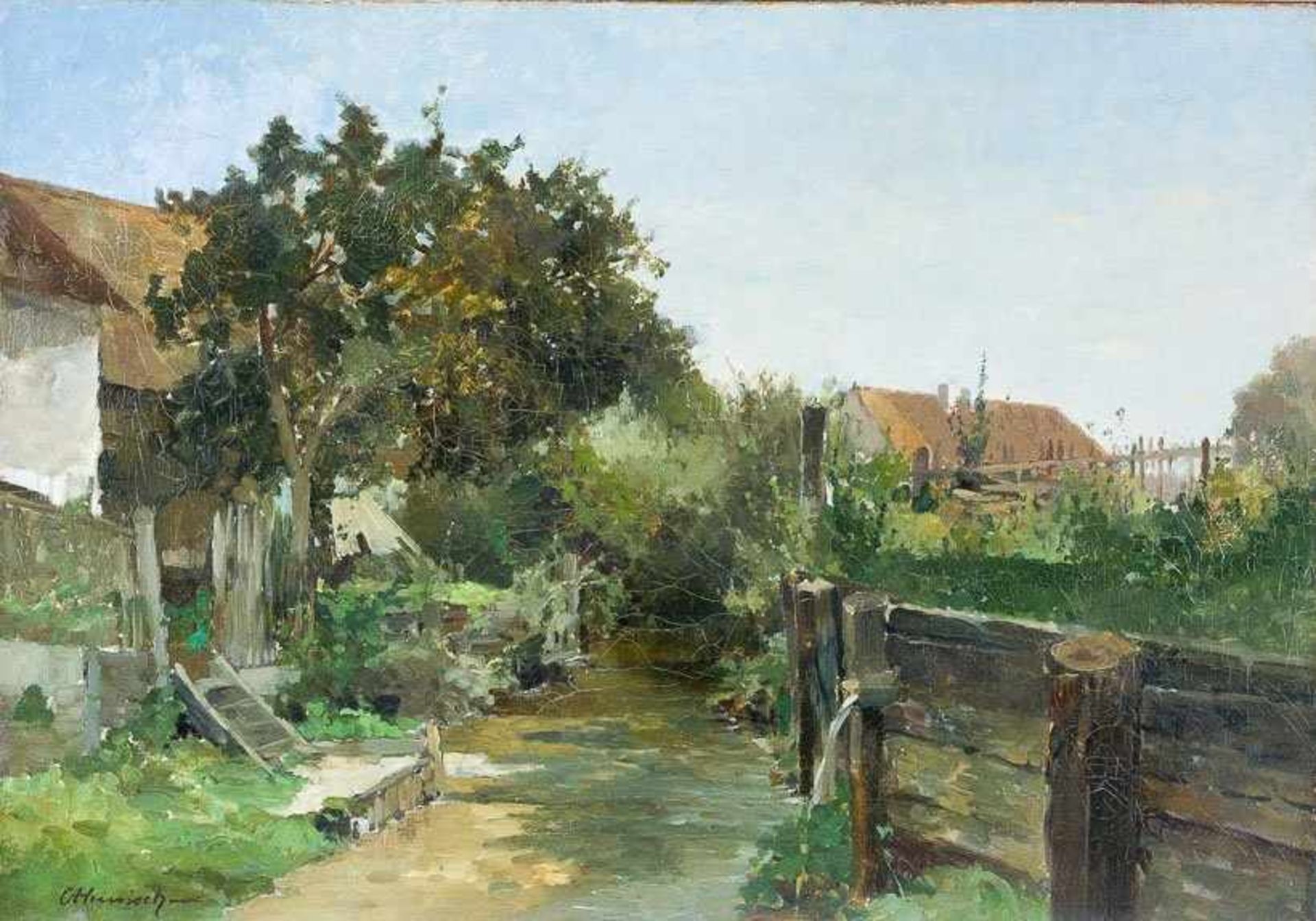 Heinisch, Carl-Adam (Neustadt/Schlesien, München 1847-1923) Dorf mit kleinem engem Weg und hölzernem