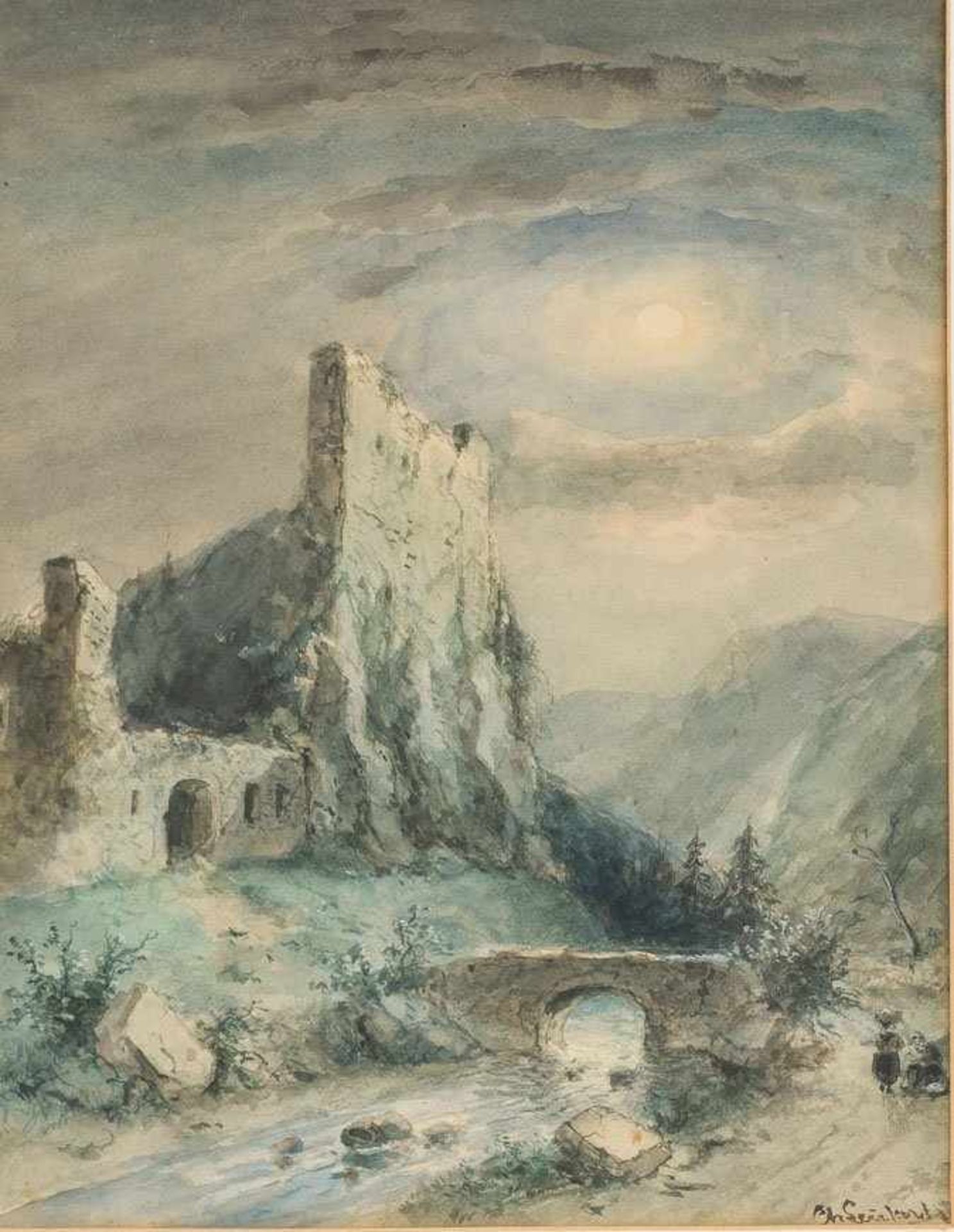 Leickert, Charles (Brüssel, Mainz 1818-1907) Burgruine in engem Tal mit Steinbrücke. Bei Vollmond.