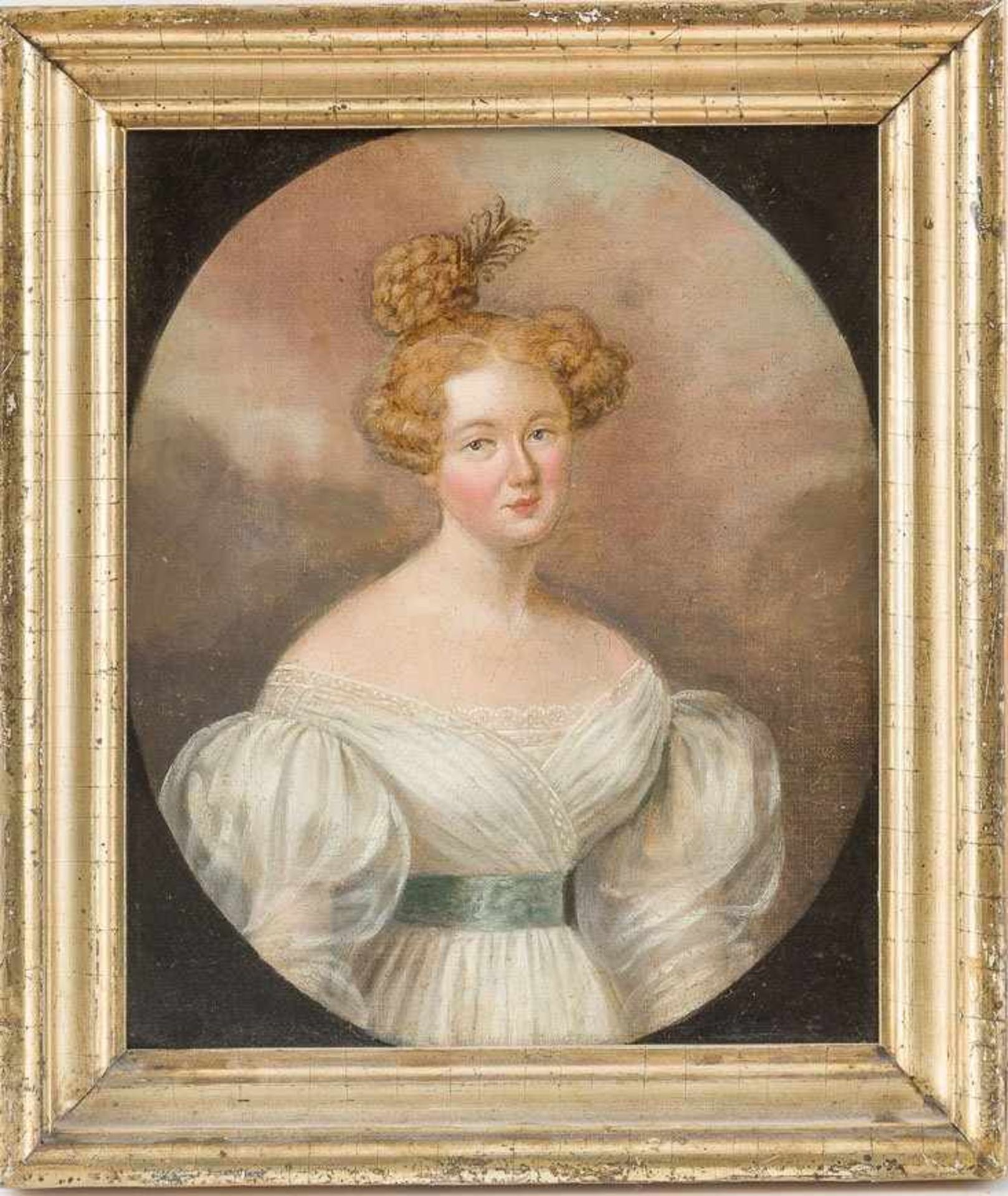 Biedermeier-Maler (um 1840) Junge Frau in weißem Schinkenärmelkleid und blonder hochgesteckter