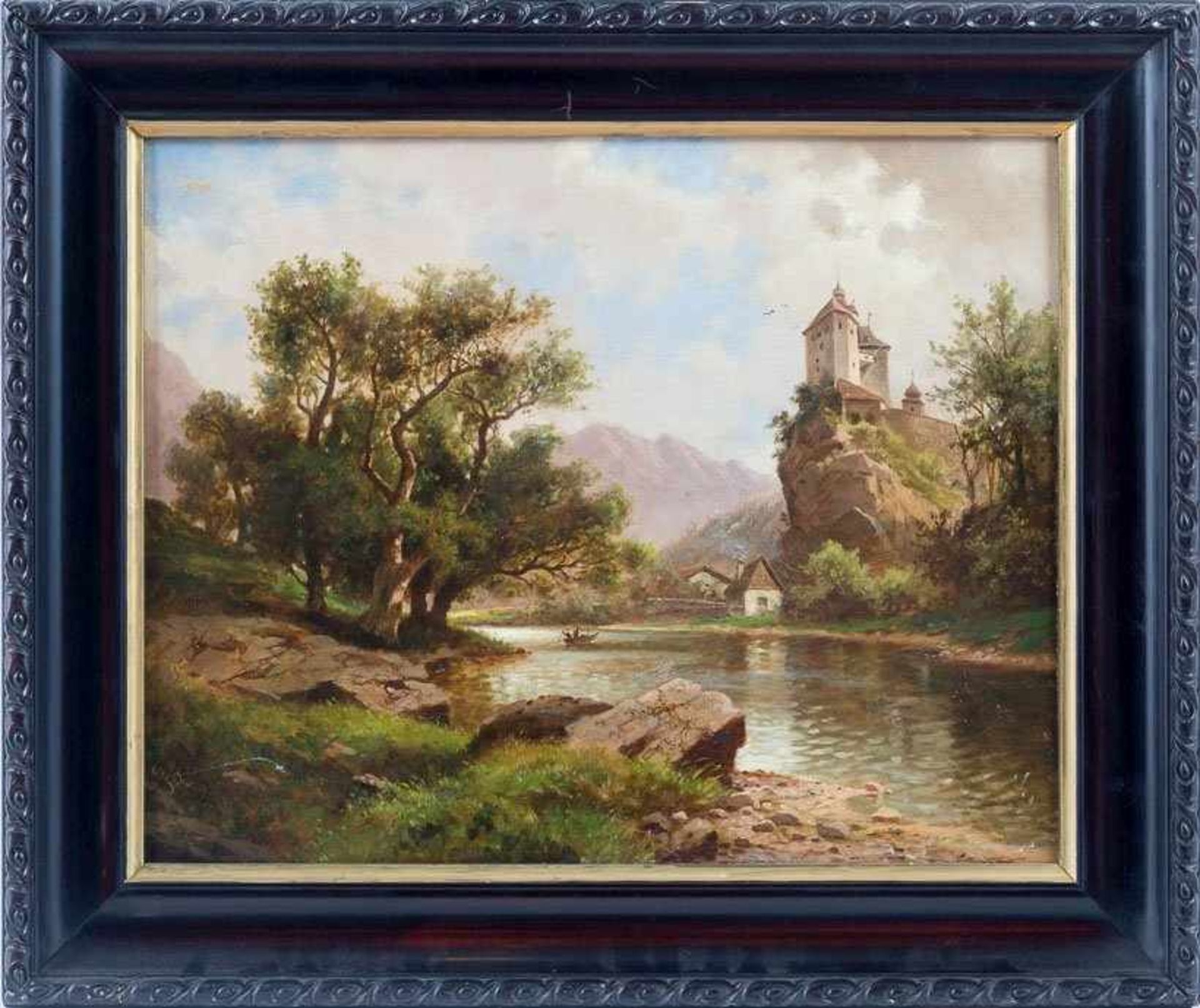 Chwala, Friedrich (Wien 1872-1936) Österreichische Hügellandschaft mit Fluss und auf hohem Felsen